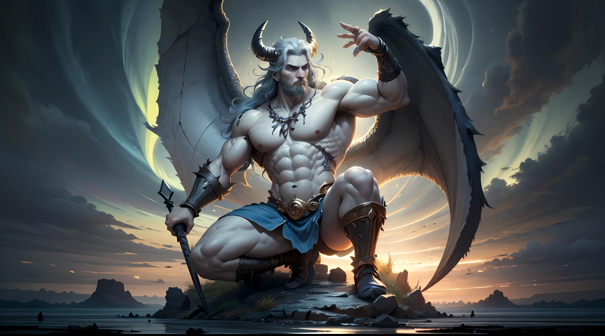 ((Best Quality)), ((Masterpiece)), (Detailed), image of Hades the Greek, (mythology: 1.2), (Majestic appearance: 1.1), loose beard and hair, muscular physique, Wearing a trident (The Realm of the Underworld: 1.1), (A powerful creature: 1.2), (Divine aura: 1.1), (domineering look: 1.1), 8K разрешение Viking, rocker, Rockstar, Cool, glare, radiance, spectrum, titanium, titanium, warrior, samurai, Strong WILL, A mighty force, energy, zipper, Salute, northern lights