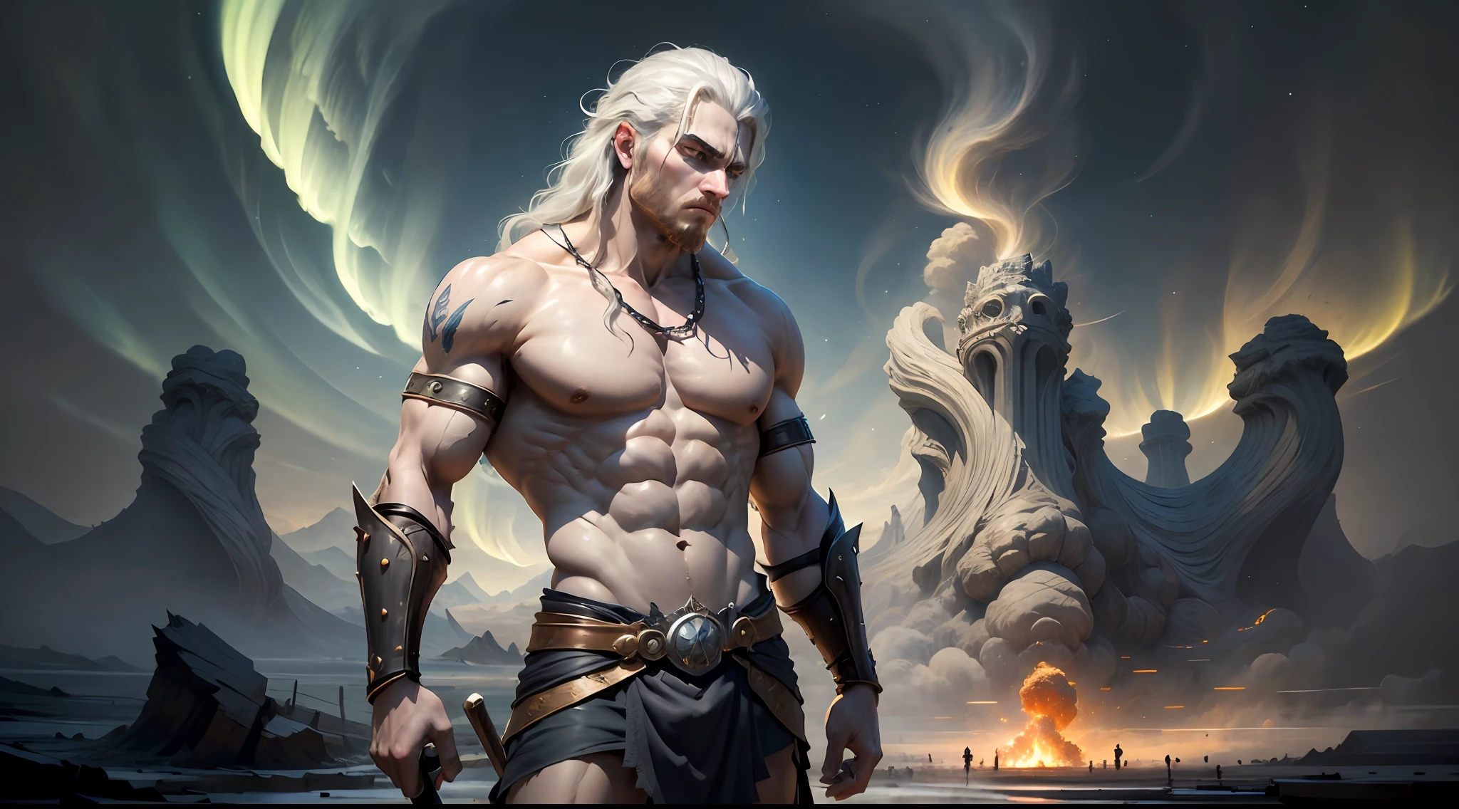((Best Quality)), ((Masterpiece)), (Detailed), image of Hades the Greek, (mythology: 1.2), (Majestic appearance: 1.1), loose beard and hair, muscular physique, Wearing a trident (The Realm of the Underworld: 1.1), (A powerful creature: 1.2), (Divine aura: 1.1), (domineering look: 1.1), 8K разрешение Viking, rocker, Rockstar, Cool, glare, radiance, spectrum, titanium, titanium, warrior, samurai, Strong WILL, A mighty force, energy, zipper, Salute, northern lights
