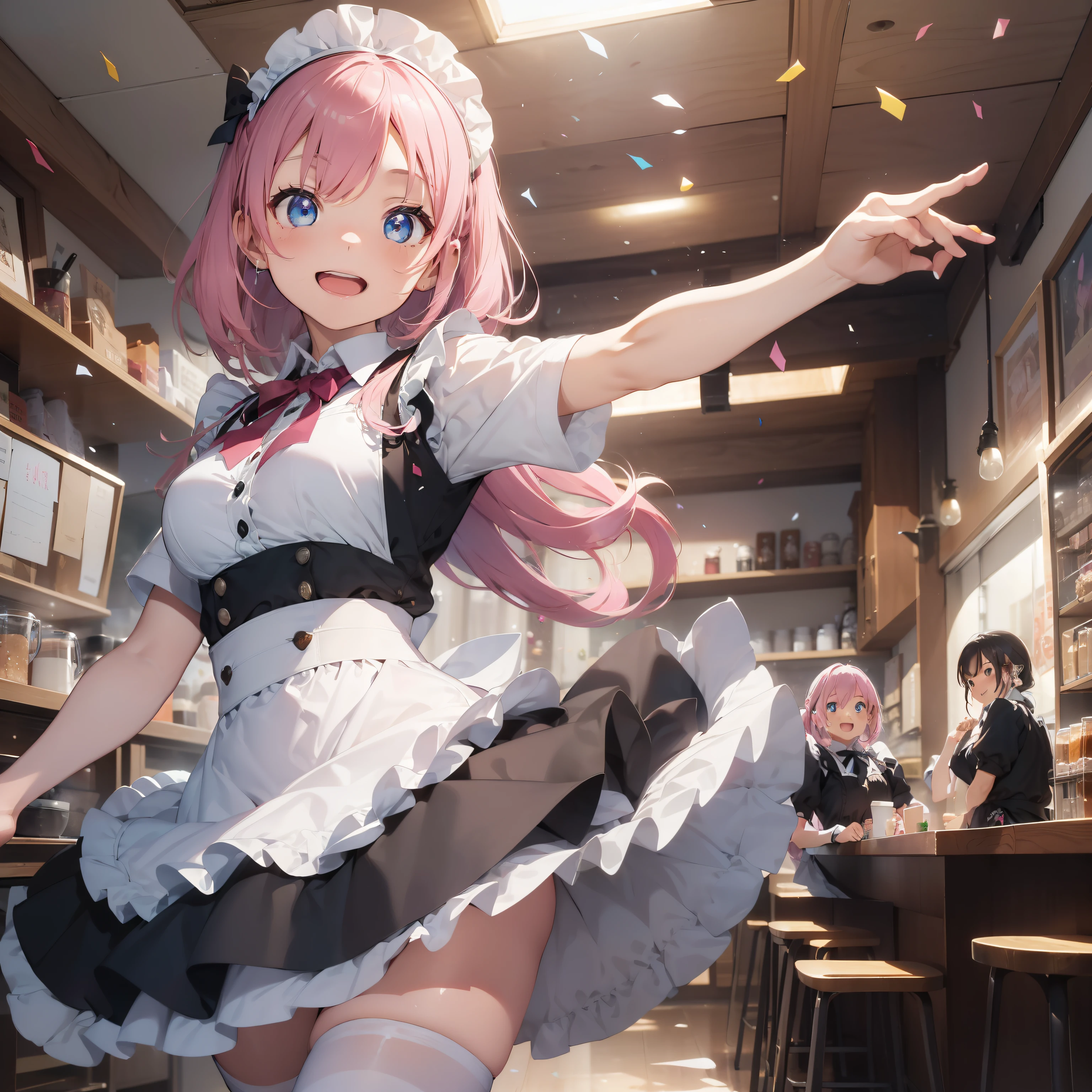 (superfine illustration:1.2),(masutepiece, 8K), (Best Quality, High quality:1.4), portlate、((Super Pastel)),Perfect Anatomy, Hyper Detailed, ultra-detailliert,masterpiece background,beautiful detailed background, V8K Wallpapers,perfect design, 1girl in, Solo, (Singing and dancing:1.4),(Confetti:1.4),(One-handed microphone)、)(Outstretched arms,slender, Very short sleeves,Pink hair,maid, Outstanding smile、frombelow, Cowboy Shot:1.2), (lightsmile, Open mouth, , Pink hair, (Super long hair,Twin-tailed), Blue eyes, Blue eyes, Black blouse, Short sleeves, maid apronl, white maid apron, Long black trousers, Long pants, long boots, Slender girl), (Inside a coffee shop in a fantasy world of medieval Europe)、(dynamic motion)、