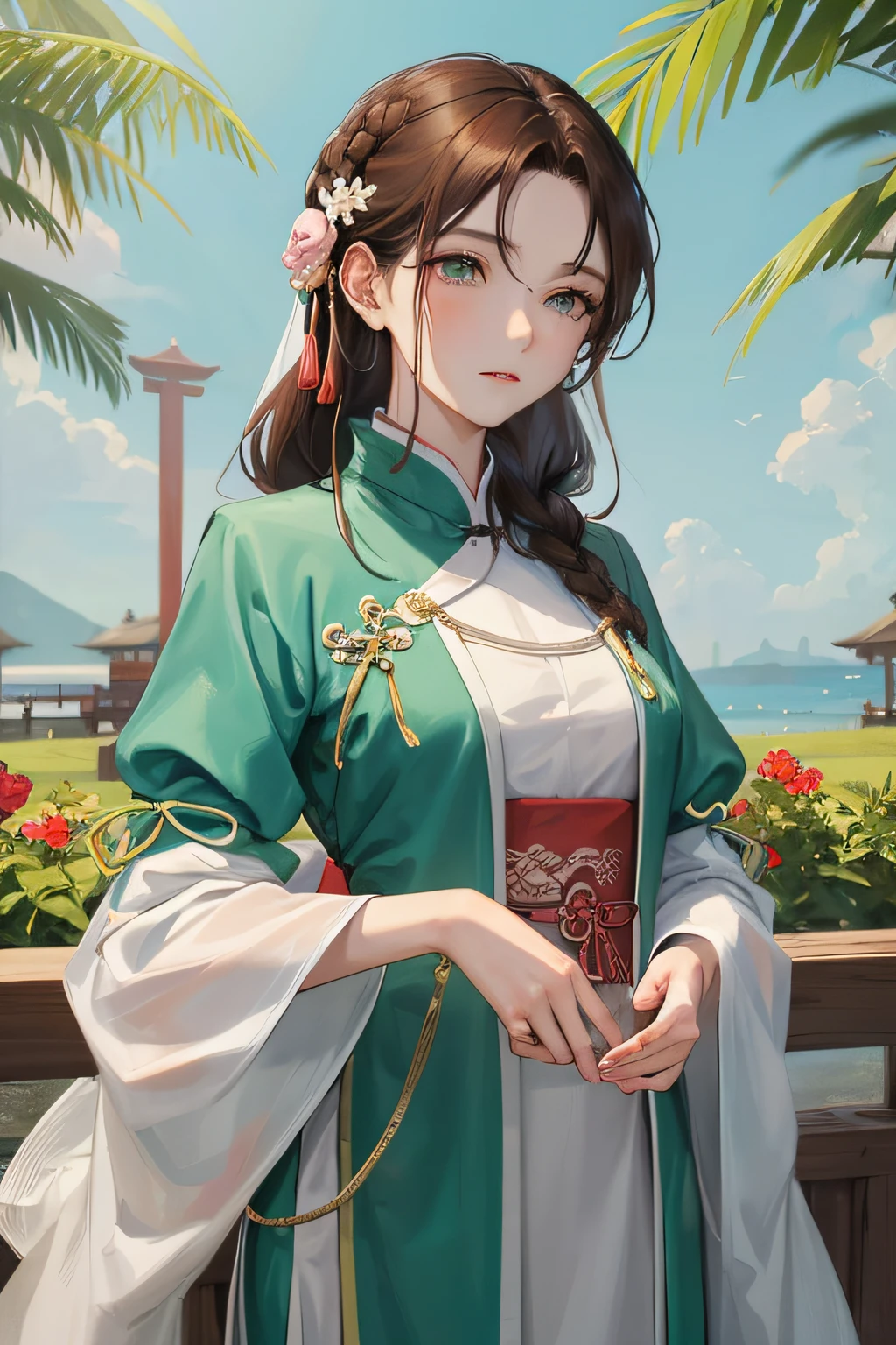 Masterpiece, Best quality, Daytime, Outdoor, Water's Edge, festivity, celebrating, A woman who is, Mature woman, Chinese style, Ancient China, sister, Imperial sister, Cold expression, Expressionless face, Dark brown hair, Green eyes, Single ????? of fried dough twisted braid, Coiled hair, Double ball head, Green clothes, Light pink lips, calm, Intellectual, Media distribution, Hairpin, doctor, herbal medicine