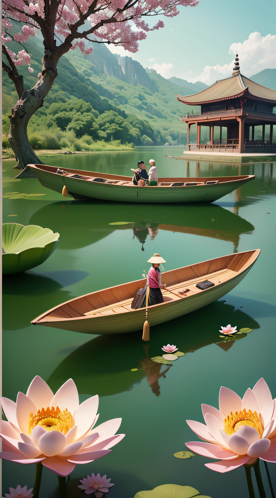 (Dragon Boat Festival, Dragon Boat, Zongzi, Landscape, Pavilion, Blooming Lotus, Vertical Screen, Atmospheric Perspective, Best Quality, High Resolution)