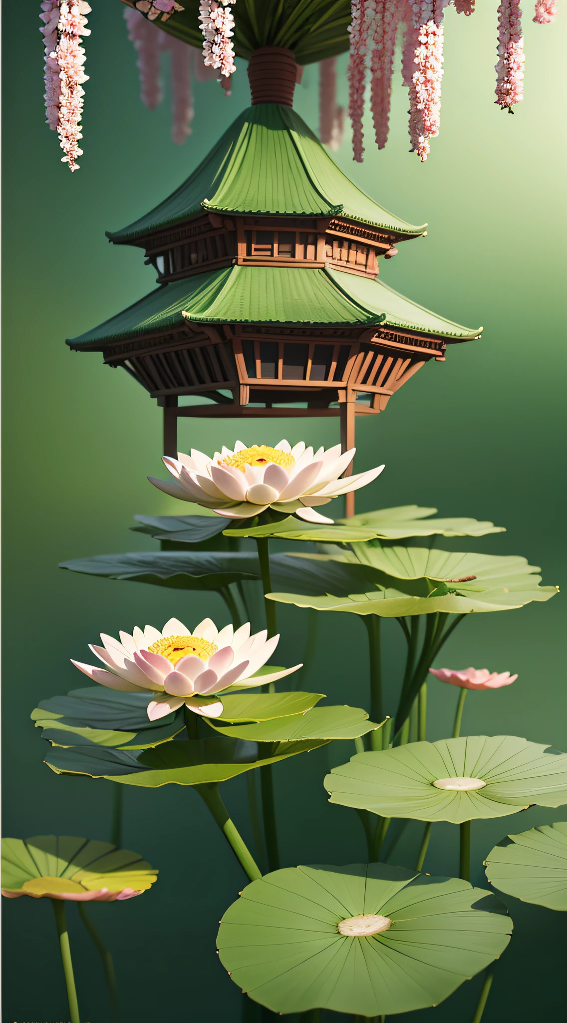 (Dragon Boat Festival, Dragon Boat, Zongzi, Landscape, Pavilion, Blooming Lotus, Vertical Screen, Atmospheric Perspective, Best Quality, High Resolution)