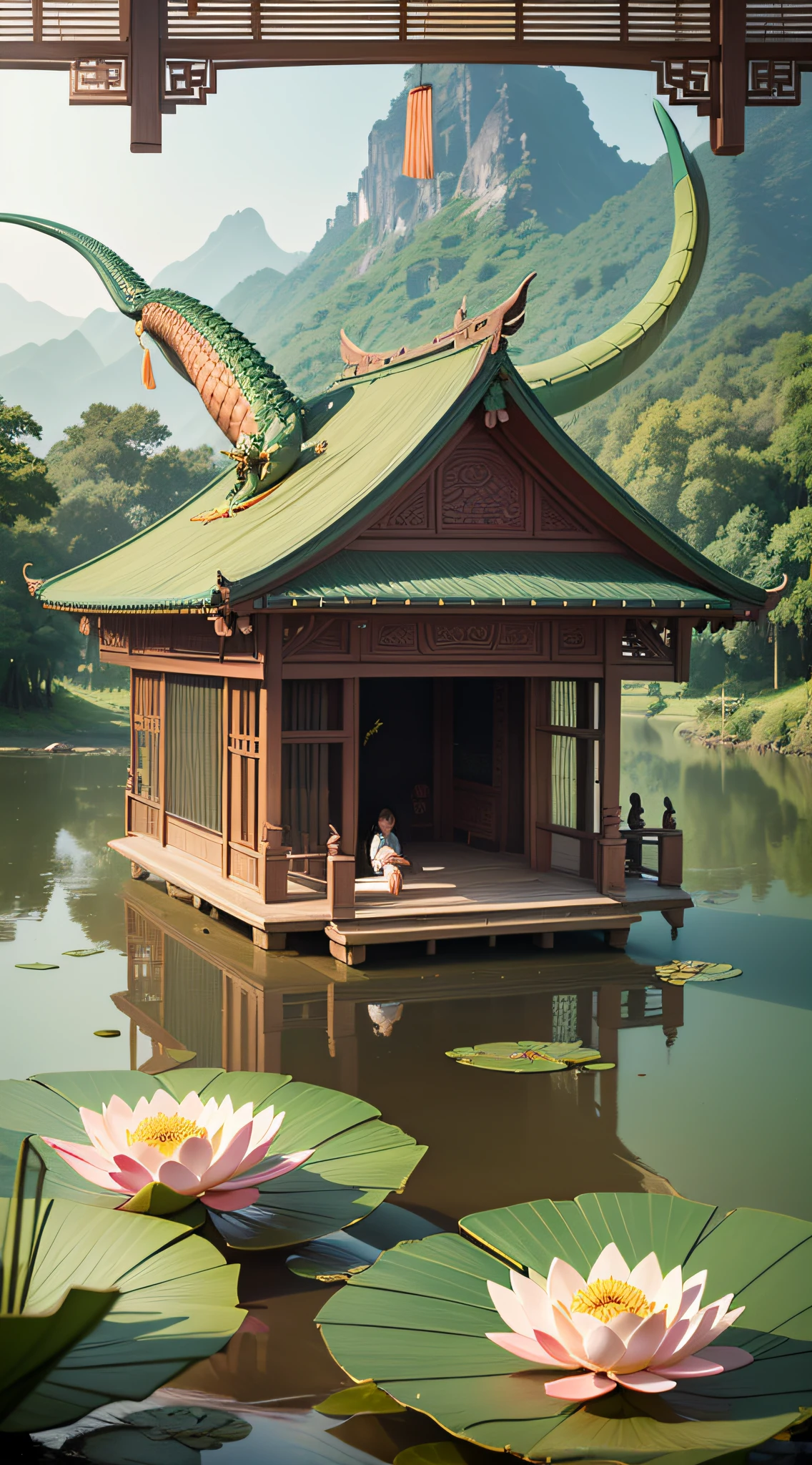(Dragon Boat Festival, Dragon Boat, Zongzi, Landscape, Pavilion, Blooming Lotus, Vertical Screen, Atmospheric Perspective, Best Quality, High Resolution)