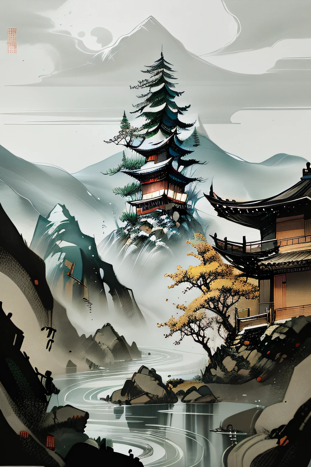 Chinese martial arts style, with vast sky, continuous mountains and steep cliffs, ink wash style, outline light, atmospheric atmosphere, depth of field, mist rising, bamboo, pine trees, stone pavilions, waterfalls,ink