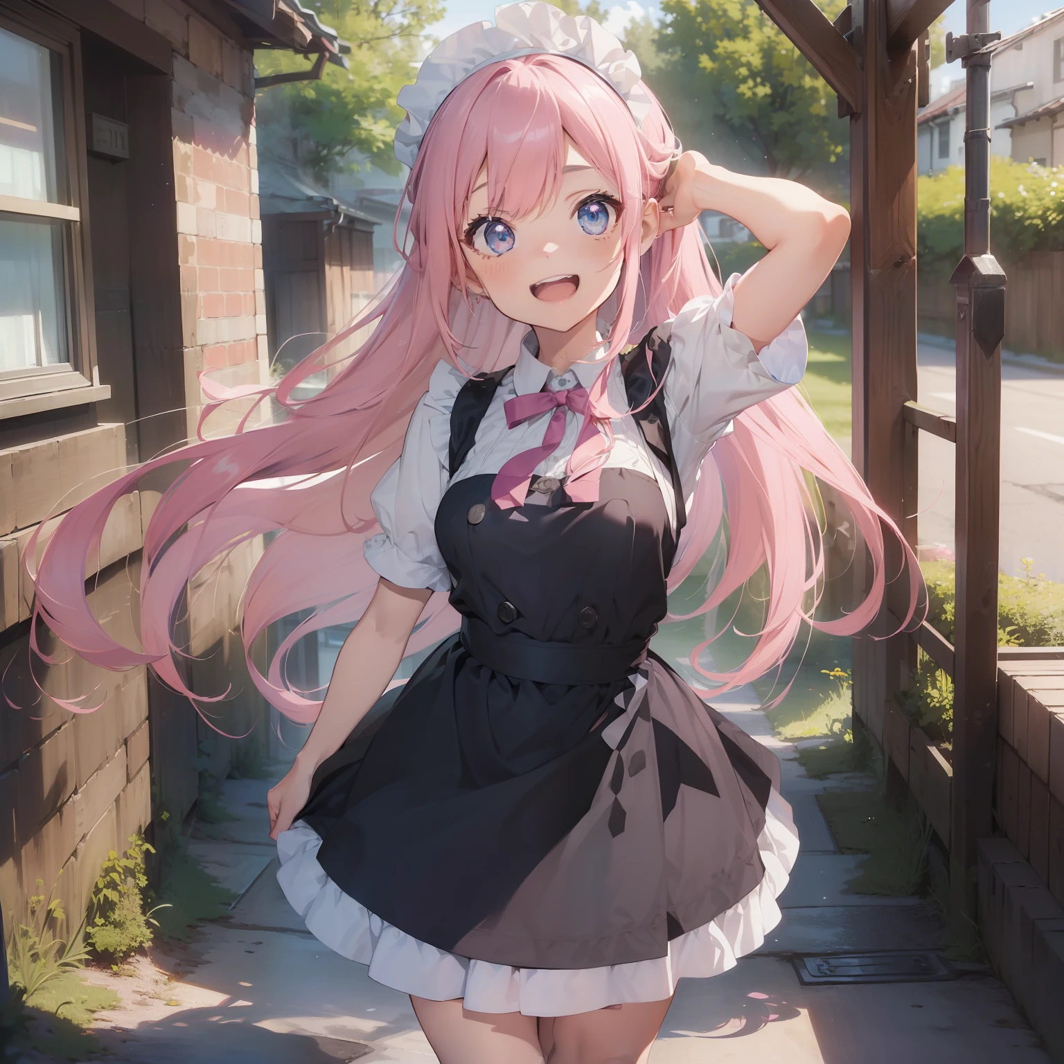 (superfine illustration:1.2),(masutepiece, 8K), (Best Quality, High quality:1.4), portlate、((Super Pastel)),Perfect Anatomy, Hyper Detailed, ultra-detailliert,masterpiece background,beautiful detailed background, V8K Wallpapers,perfect design, 1girl in, Solo,(Outstretched arms,slender, Very short sleeves,Pink hair,maid, Outstanding smile、frombelow, Cowboy Shot:1.2), (lightsmile, Open mouth, 17 years old, Pink hair, (Super long hair,Twin-tailed), Blue eyes, Blue eyes, Black blouse, Short sleeves, maid apronl, white maid apron, long boots, Slender girl), In front of the house、(The look on which she found her lover:1.4)