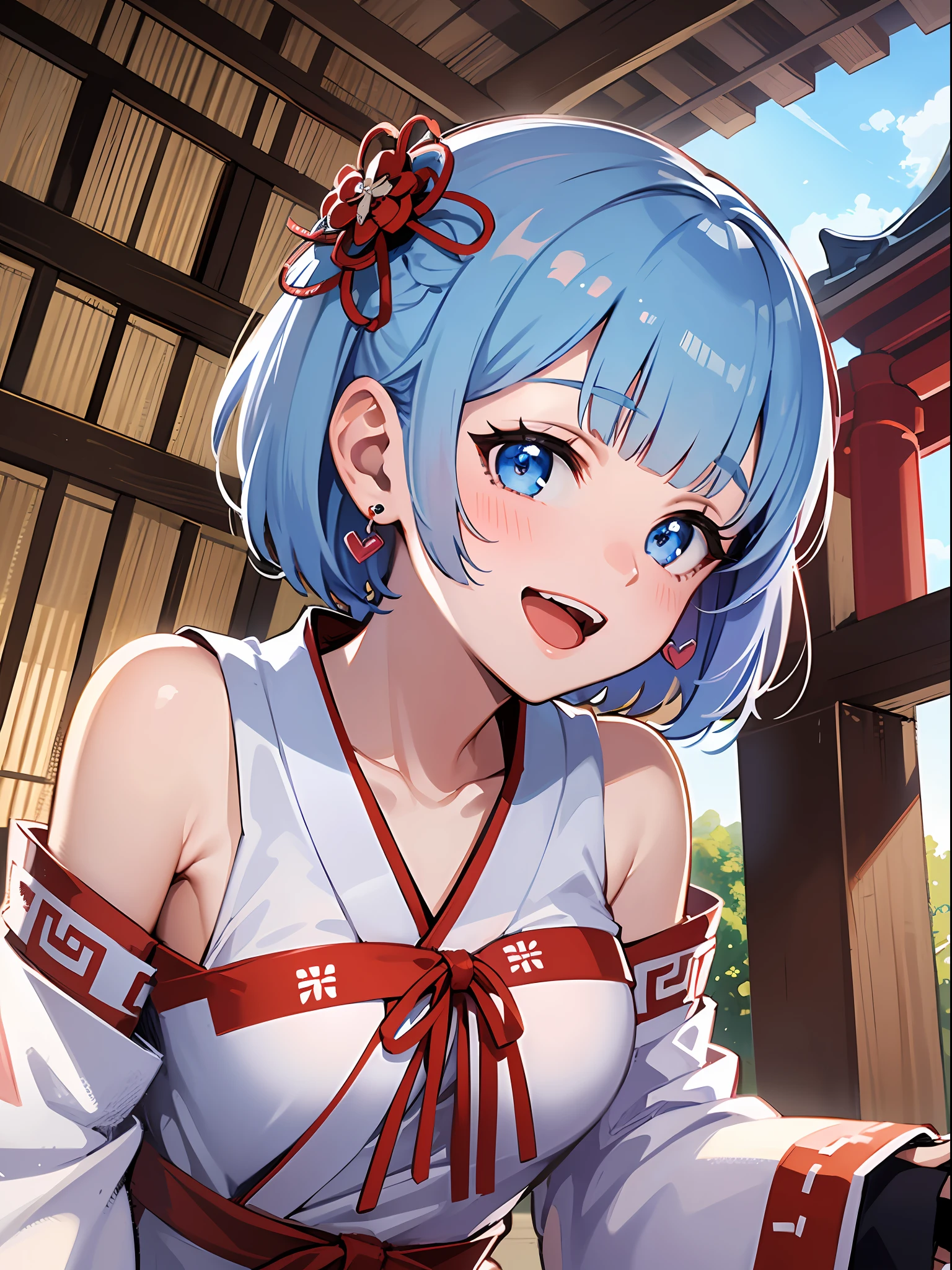 (masterpiece:1.3), (best quality:1.3), high resolution, 


from bellow, ceiling, looking at viewer, dutch angle, couboy shot, 
leaning forward, breast squeeze, body facing forward, 

(one cute girl:1.3), solo, 
white skin, small Breast, eight-headed person, 
light blue hair, (bobbed hair:1.2), (short hair:1.2), (blunt bangs:1.2), beautiful hair, blue eyes, beautiful detailed eyes, 

open mouth, heart, cheerful smile, 

shrine maiden, white and red clothes, detached sleeves, earrings, 

outdoors, shinto shrine, japanese style town, 

shadowlighting,