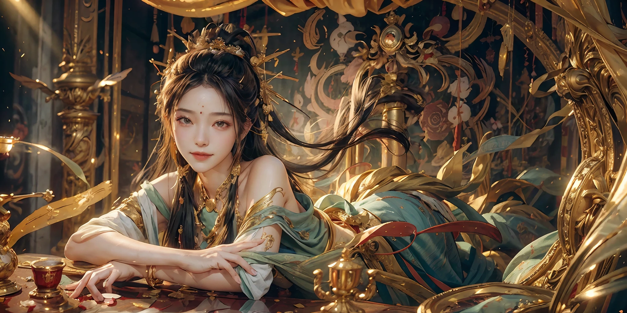(RAW Photo, Best Quality), (Realistic, Photo Realistic: 1.3), Best Quality, Highly Detailed, Masterpiece, Ultra Detailed, Illustration, 1 Girl, upper_body, Dynamic Angle, World Mastery Theater, messy_long_hair, Best Quality, Extremely Detailed CG Unified 8k Wallpaper, Ink, Amazing, Cinematic Lighting, lens_flare, dunhuang_style, Beautiful Rendering of the Tang Dynasty, (Smile: 1.5), (Holy Light), In the Grotto, Floating, Sony Master Shot, Bustle, Gold Leaf, Flower, Looking at the Audience