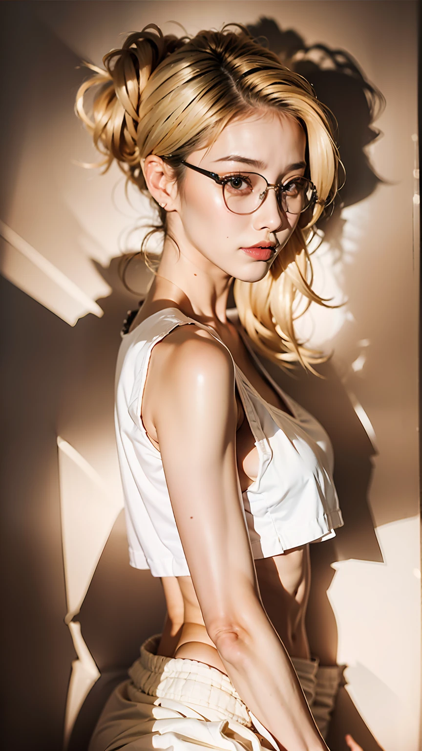 a 20 yo woman,blonde,(hi-top fade:1.4), wearing reading glasses, large breasts, soothing tones,muted colors,high contrast,(natural skin texture, hyperrealism, soft light, sharp),waist up,fashion design,black sport tank top,jogger,(red background:1.1),simple background,