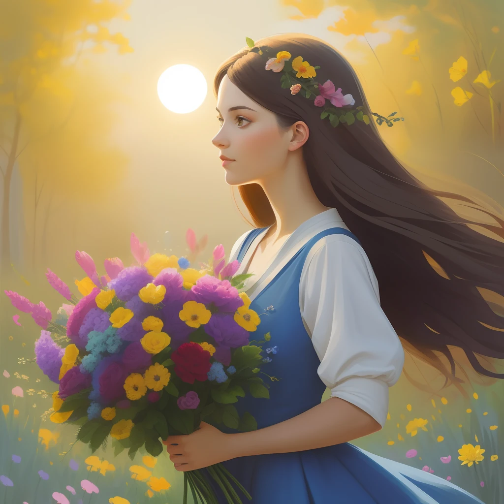commercial illustration of a woman dressed in flowers with flowers in her hair, in the style of artgerm, vibrant palette knife, franciszek starowieyski, michael malm, captures the essence of nature, sun-kissed palettes, illustration --ar 58:77 --s 750 --style raw
