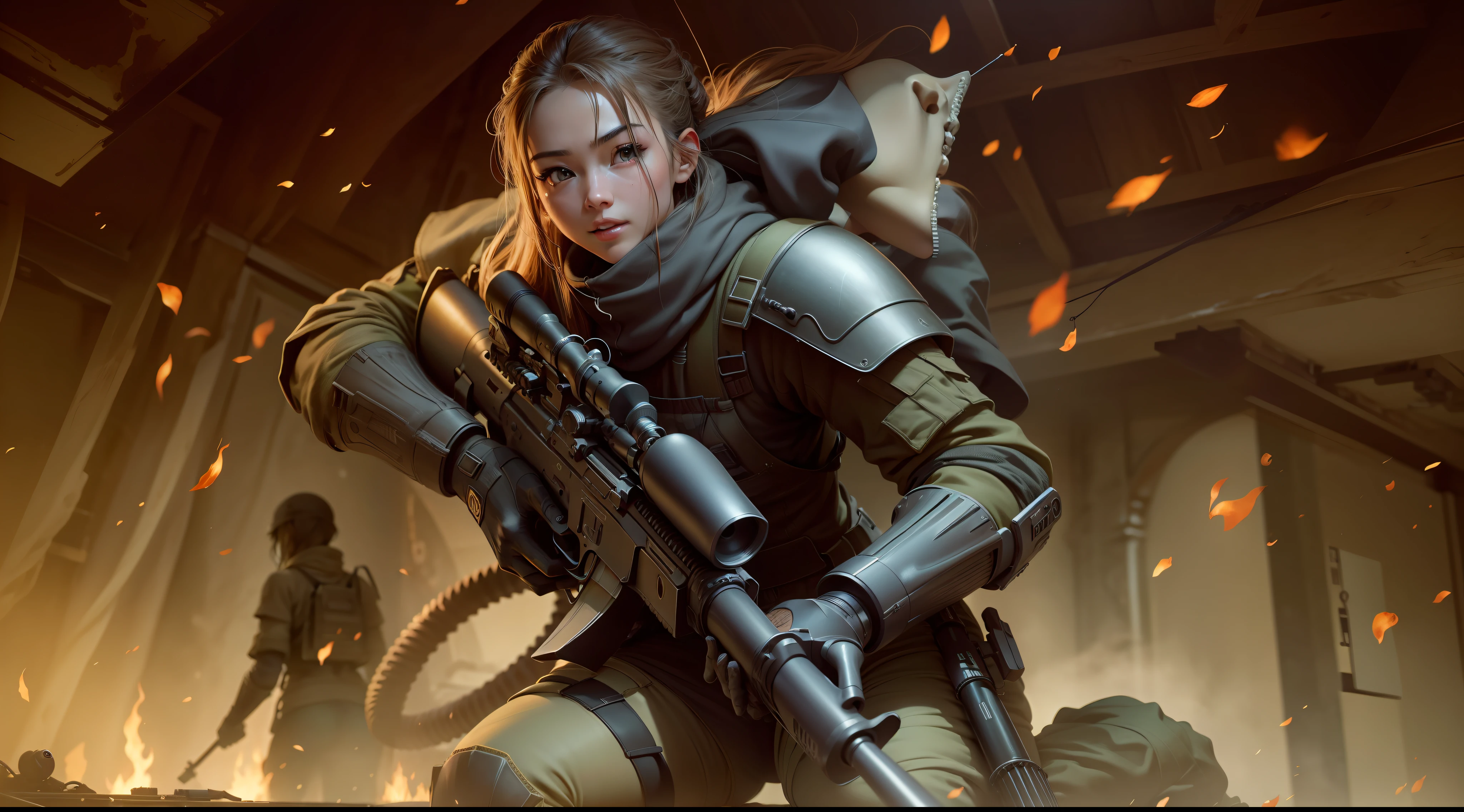 (8k,RAW photos,best qualtiy,tmasterpiece:1.2),(realisticlying,Photorealistic and realistic:1.37),hyper-detailing,超高分辨率,1个Giant Breast Girl,Looking into the distance,beautifull detailed face,ssmile,sniper gun,teeth,slender thigh,pantiess,profesional lighting,Detailed room,outside,flame of war, --auto