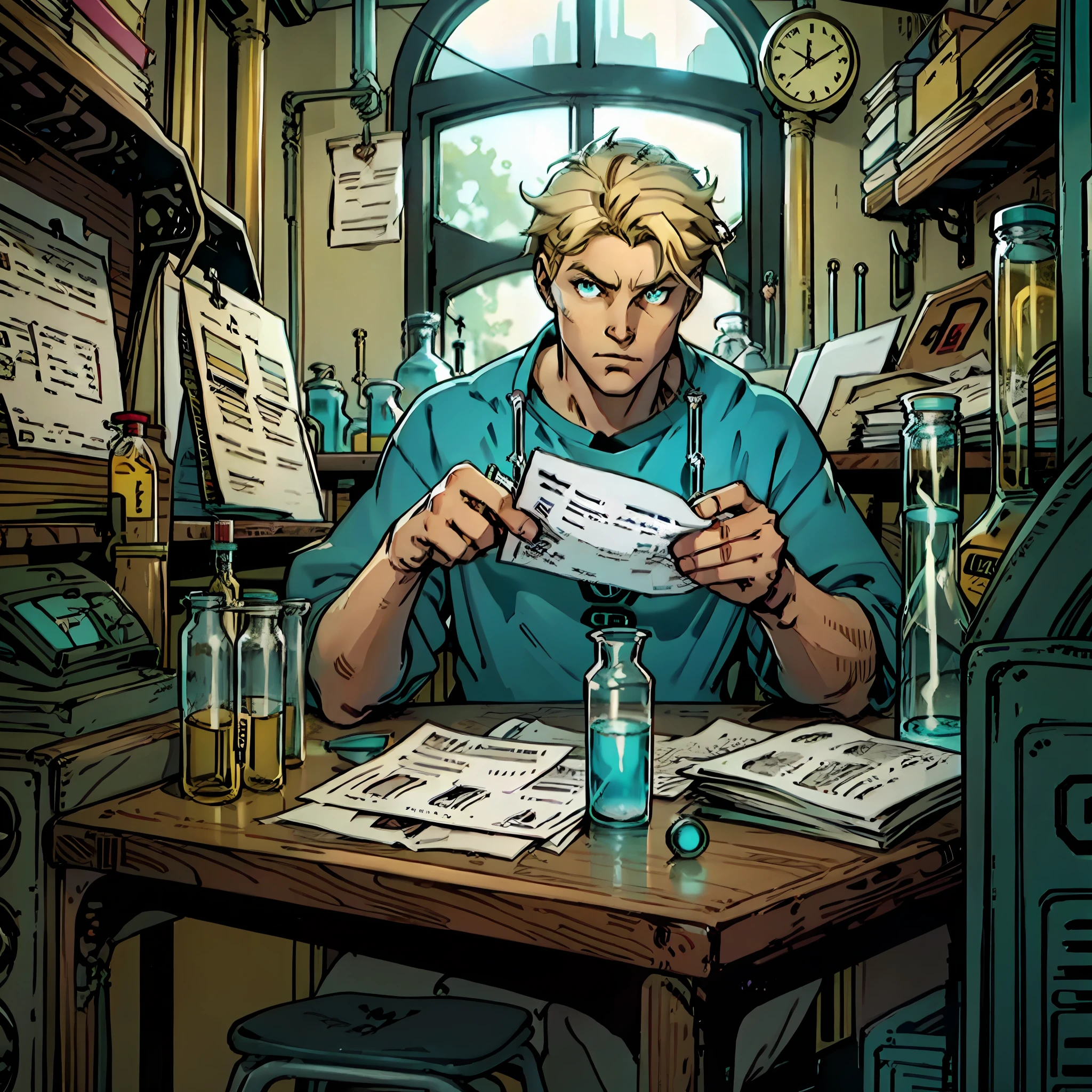 Anime style, in the center of the image there is a guy sitting at a table, the guy has blond hair tied with a turquoise rubber band, the guy has turquoise eyes, in his right hand he holds a test tube with liquid, (the eye is directed at the test tube), the table in front of the guy is piled with papers and filled with test tubes, in the background there are shelves with folders of papers and a window. --auto