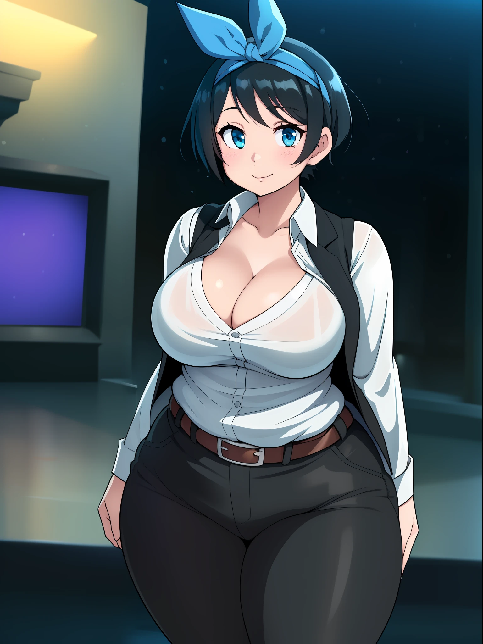 ((((kipteitei art)))), ((highres)),Masterpiece, high quality, best quality, beautiful, perfect lighting, detailed face, ultra cute face, ((1girl)), ((solo), ((((sarashina ruka)))), ((blue hairband)), (dress shirt), (black vest), (black pants), belt, work uniform, (tight clothes), looking at viewer, cowboy shot, sweet smile, cute, cute pose, arms at side, blush, large breasts, cleavage, perky breasts, (wide hips), ((thick thighs)), pudgy belly, belly bulge, working at movie theater, empty movie theater, movie theater lobby, night time, late shift