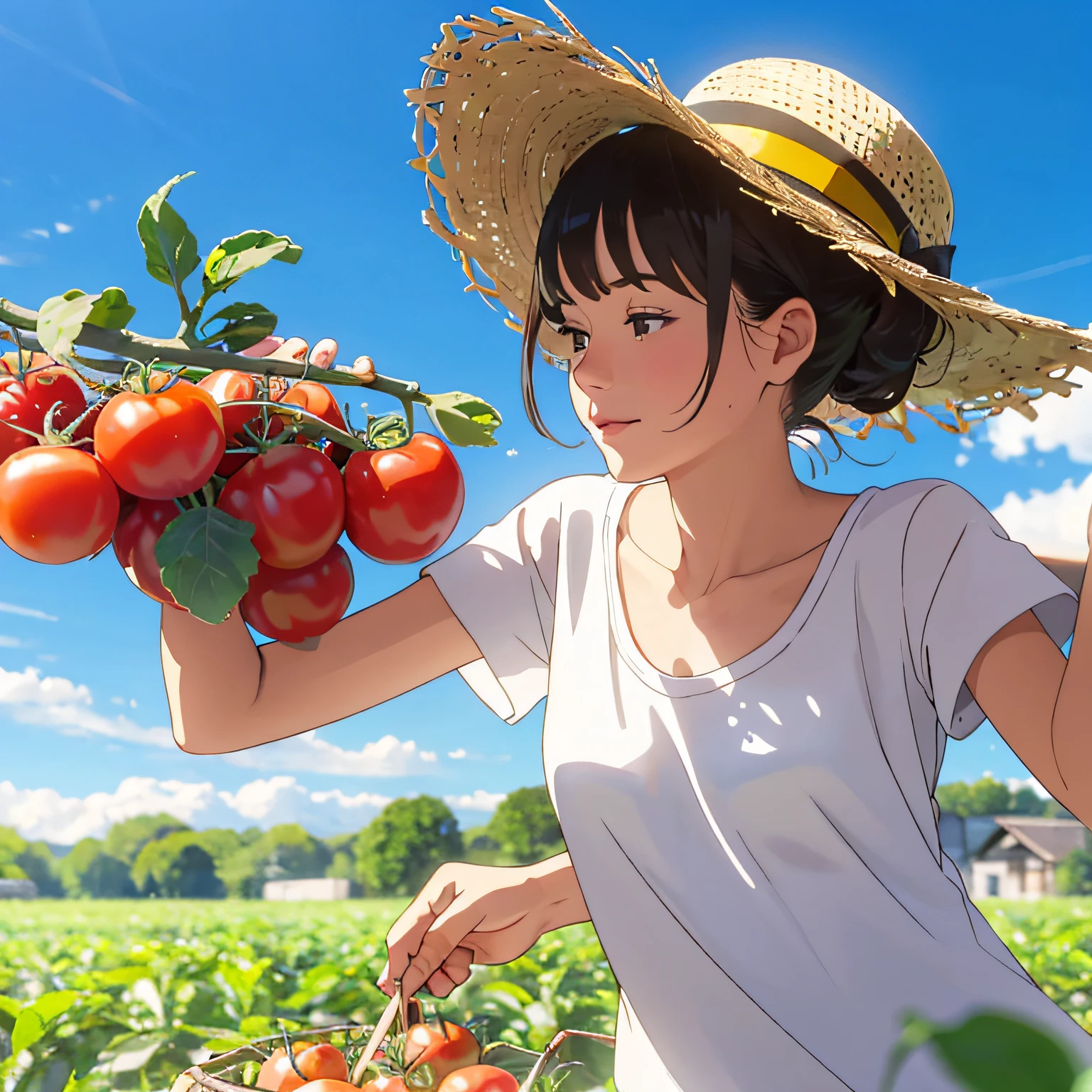Beautiful woman picking tomatoes, beautiful scenery, clear picture quality, blue sky
