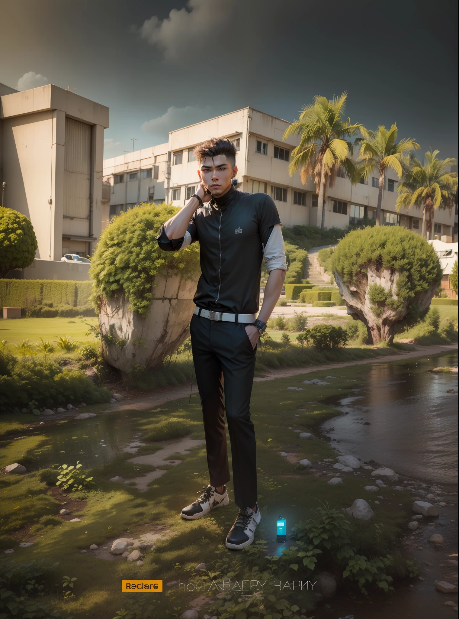 Change background to cyberpunk, handsome boy, realistic photo, locket, sharpness, desirable expression
