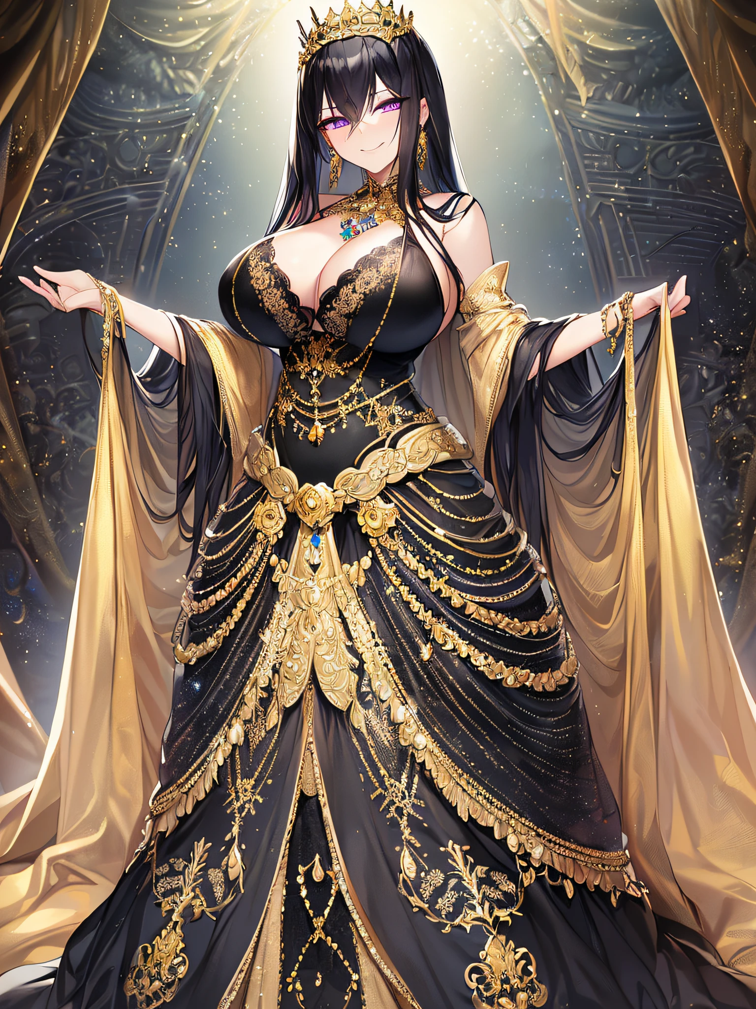 ((anime artstyle)),(Masterpiece),(Best Quality), (Super Detail),((Very Delicate and Beautiful)),Focus on character,Dynamic Angle,Looking at viewer,((Solo)),standing,((full body)),((one cute queen in gorgeous embroidery black and gold gorgeousfull BlingBling ball gown with voluminous skirt)),((BlingBling)),((arrogant)),((naughty smile)),(Purple eyes),Sharp eyes,detailed face and eyes,jewel-like eyes,(((Very Long voluminous black Hair))),Straight Hair,((Bangs between eyes)),((gorgeousfull embroidery and lace)),gorgeous corsage,See-through,Gorgeous jewelry ornaments,gorgeousfull BlingBling hair ornament,(gorgeousfull BlingBling tiara with jewels),ornate ruffles,((skindentation)),((gigantic breasts,Long breasts)),((full body)),(hoop skirt,crinoline),(((gorgeous embroidery and jeweled black and gold BlingBling gorgeousfull ball gown with voluminous skirt)))