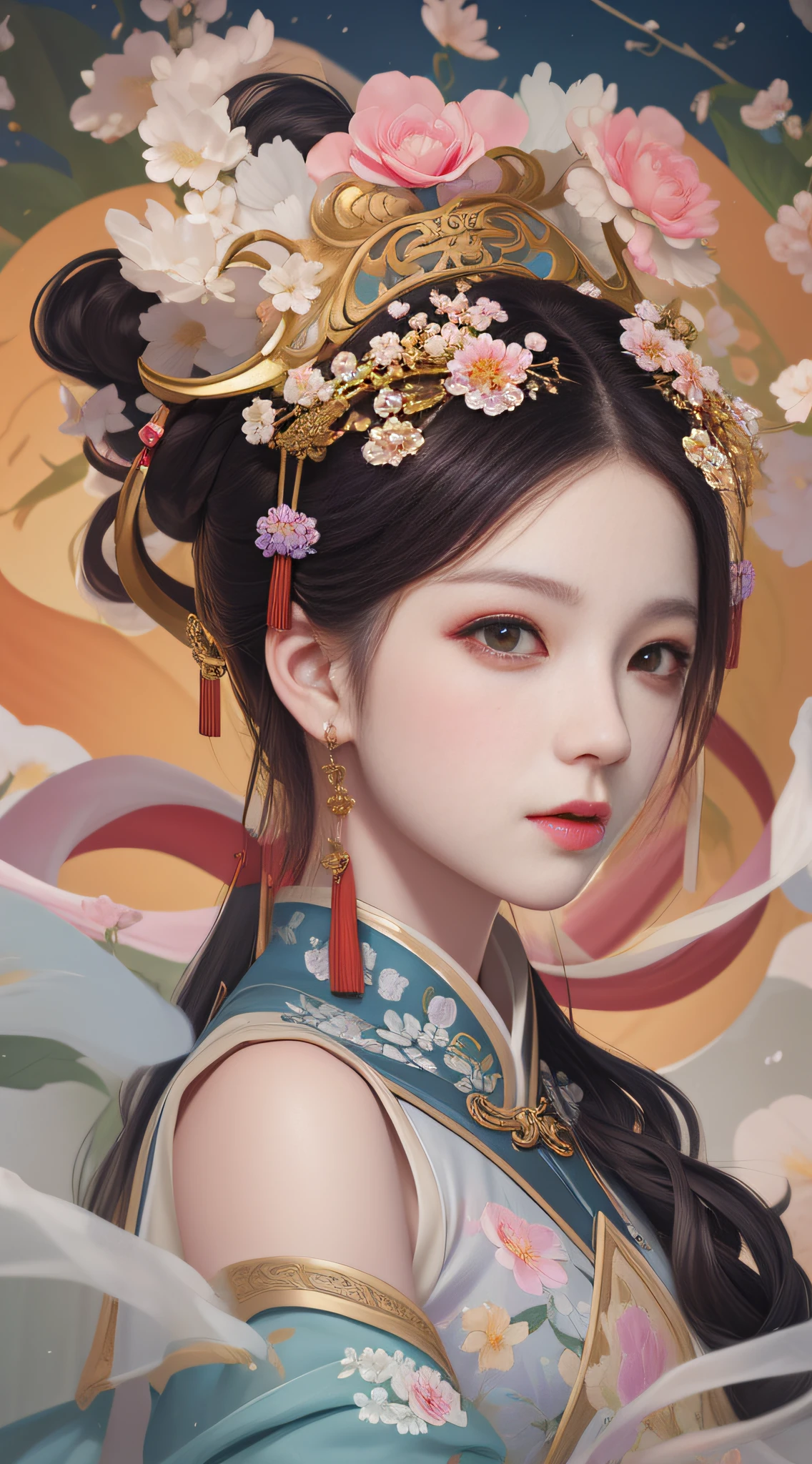 Draw a woman wearing a flower crown and a fan, Guviz-style artwork, Guviz, Palace ， A girl in Hanfu, Beautiful character painting, by Russell Dongjun Lu, author：yanjun cheng, guweiz masterpiece, A beautiful artwork illustration, Beautiful digital artwork, By Li Song, inspired by Yanjun Cheng