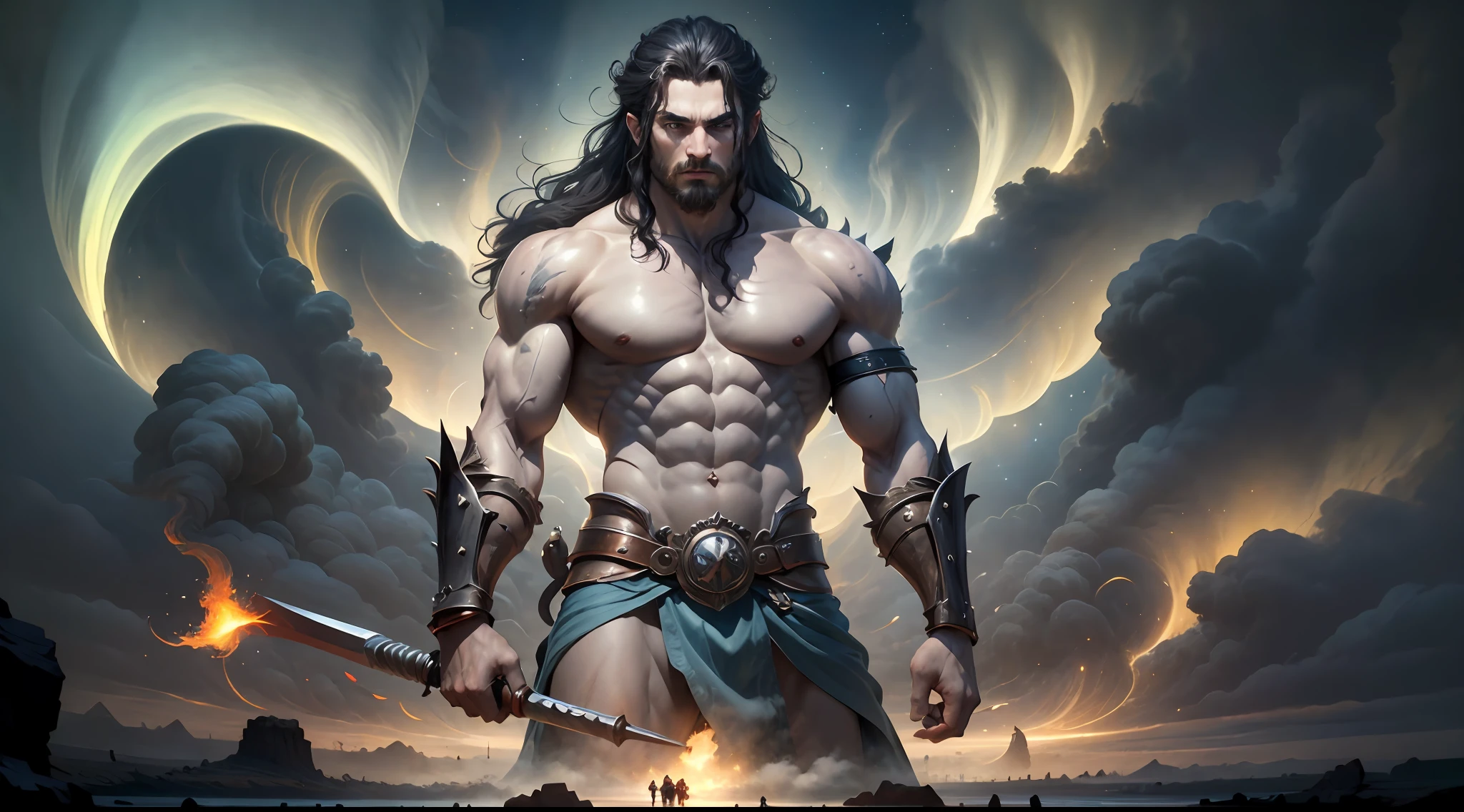 ((Best Quality)), ((Masterpiece)), (Detailed), image of Hades the Greek, (mythology: 1.2), (Majestic appearance: 1.1), loose beard and hair, muscular physique, Wearing a trident (The Realm of the Underworld: 1.1), (A powerful creature: 1.2), (Divine aura: 1.1), (domineering look: 1.1), 8K разрешение Viking, rocker, Rockstar, Cool, glare, radiance, spectrum, titanium, titanium, warrior, samurai, Strong WILL, Mighty strength, Energy, zipper, Salute, northern lights