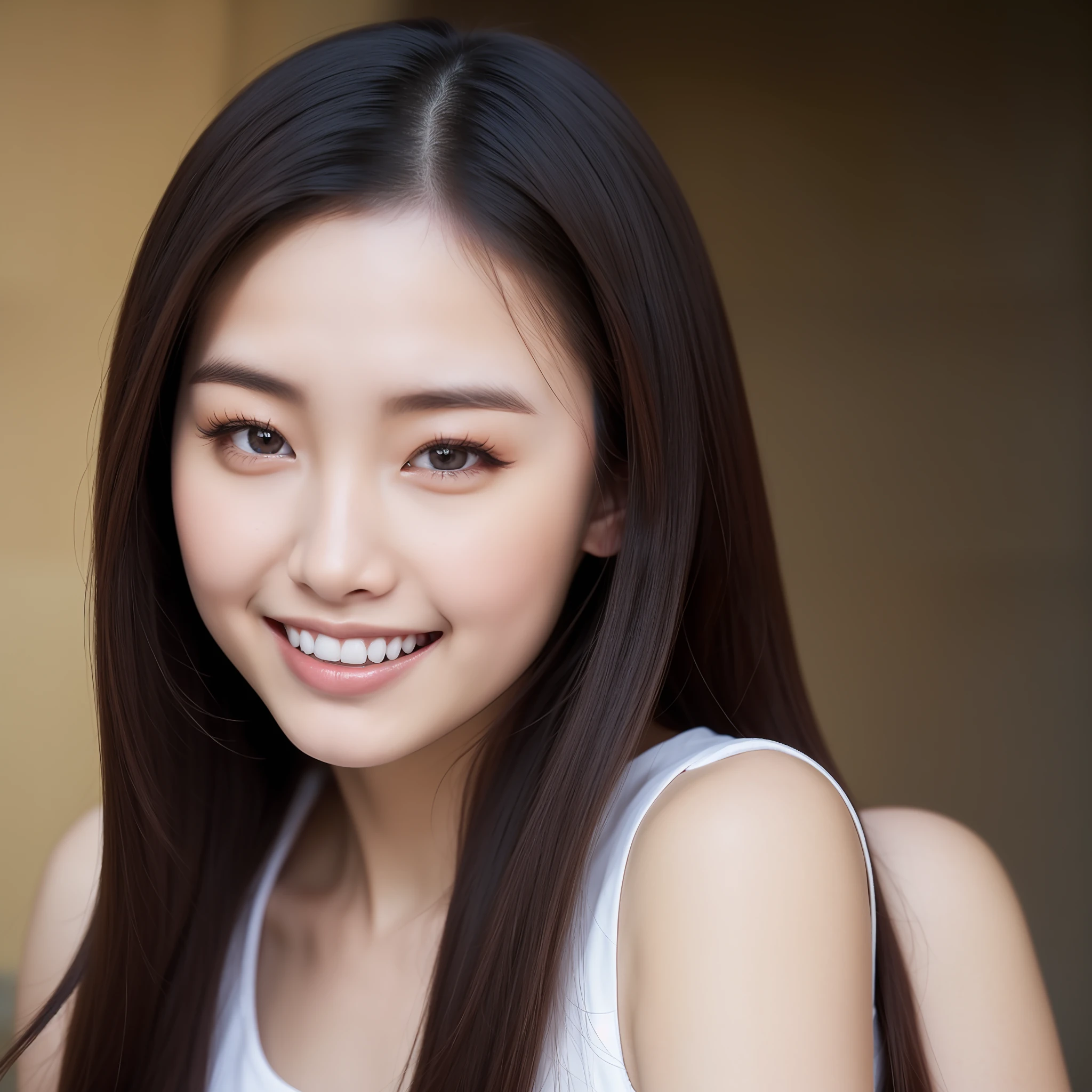 26-year-old Chinese woman，15 degrees to the lens，Long straight hair，Look at the camera，Toothy smile，White sleeveless top，Bust photo