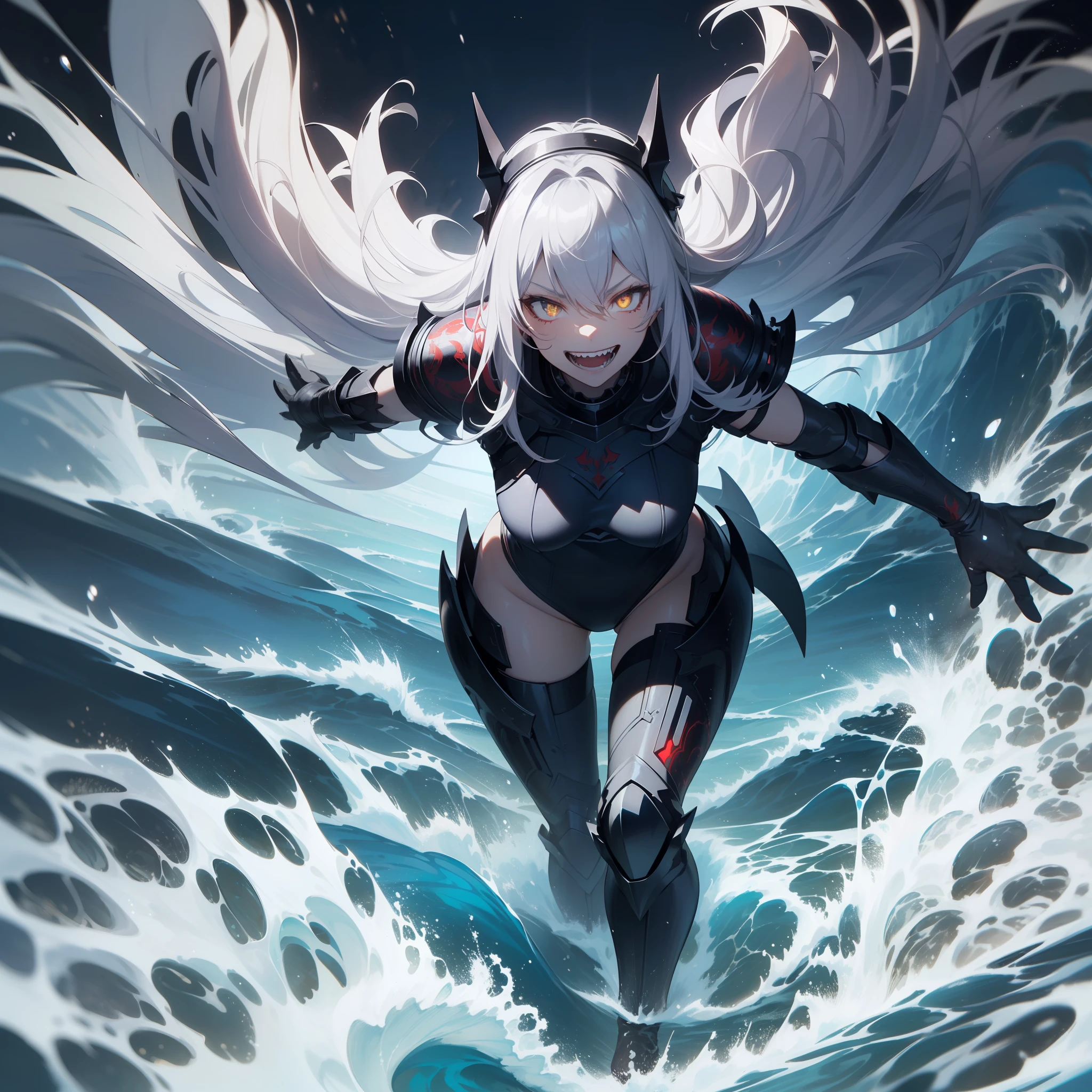 masutepiece, Best Quality, hyper detailed illustration,beautiful artwork,1girl in、Solo,(Heavy blue and black armor:1.1),(Leotard:1.2),(black feather ornament on the head,,,,,,,,,,,,,,,,:1.3),Silver-gray hair color、(Evil smile:1.5),(Tsurime:1.3),(Leviathan motifs),(Open your mouth wide),(double tooth:1.6),(eyes glowing red:1.2),(cowboyshot),(Gorgeous Armor),(dark sky:1.3),(Thunderbolt:1.5),(Deep Shadows:1.5),Intense red thunder,(open stance),(Black aura from the body:1.3),(walking on water:1.2),(raging sea),Haihara,(Front view),Swirling tide,Swirling waves,