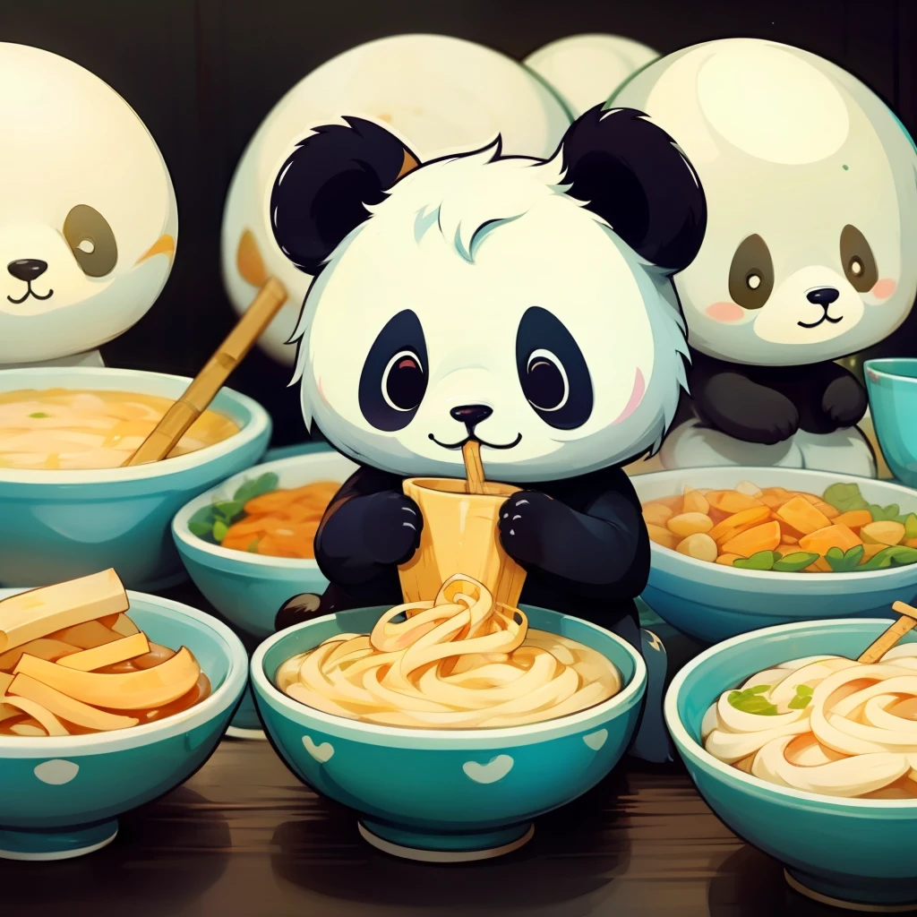 A cute baby panda,Holding a bowl of noodles in his hand,The other hand is eating the noodles,There are a lot of dishes in front,Behind it is a bamboo forest