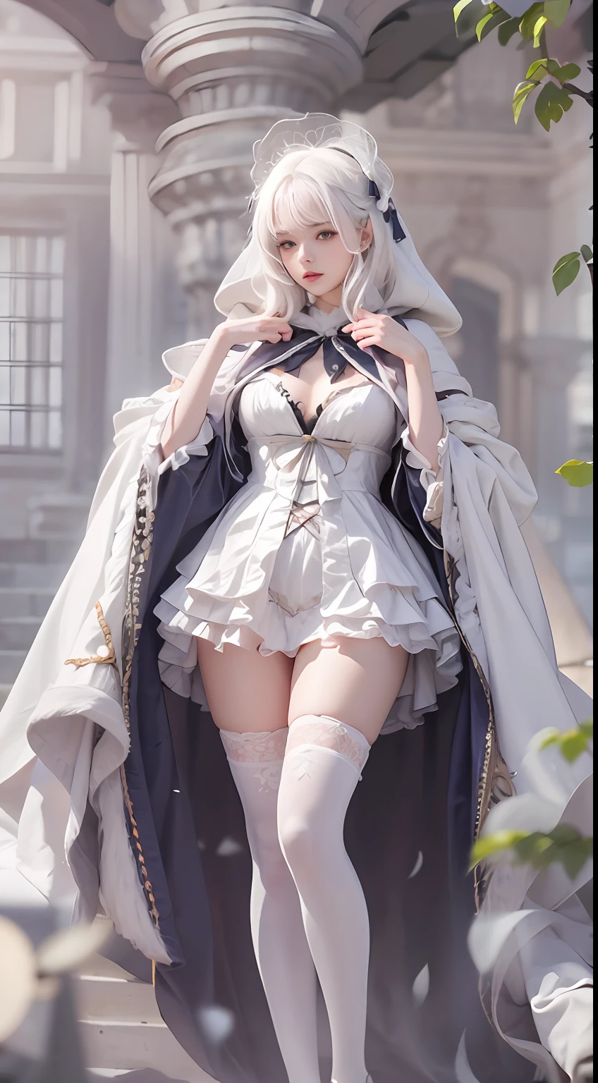 Photorealistic, high resolution, 1 Women, Solo, Hips up,(Lolita costume), Beautiful eyes, White hair, ringed eyes, (Oyuki,Cloak,)