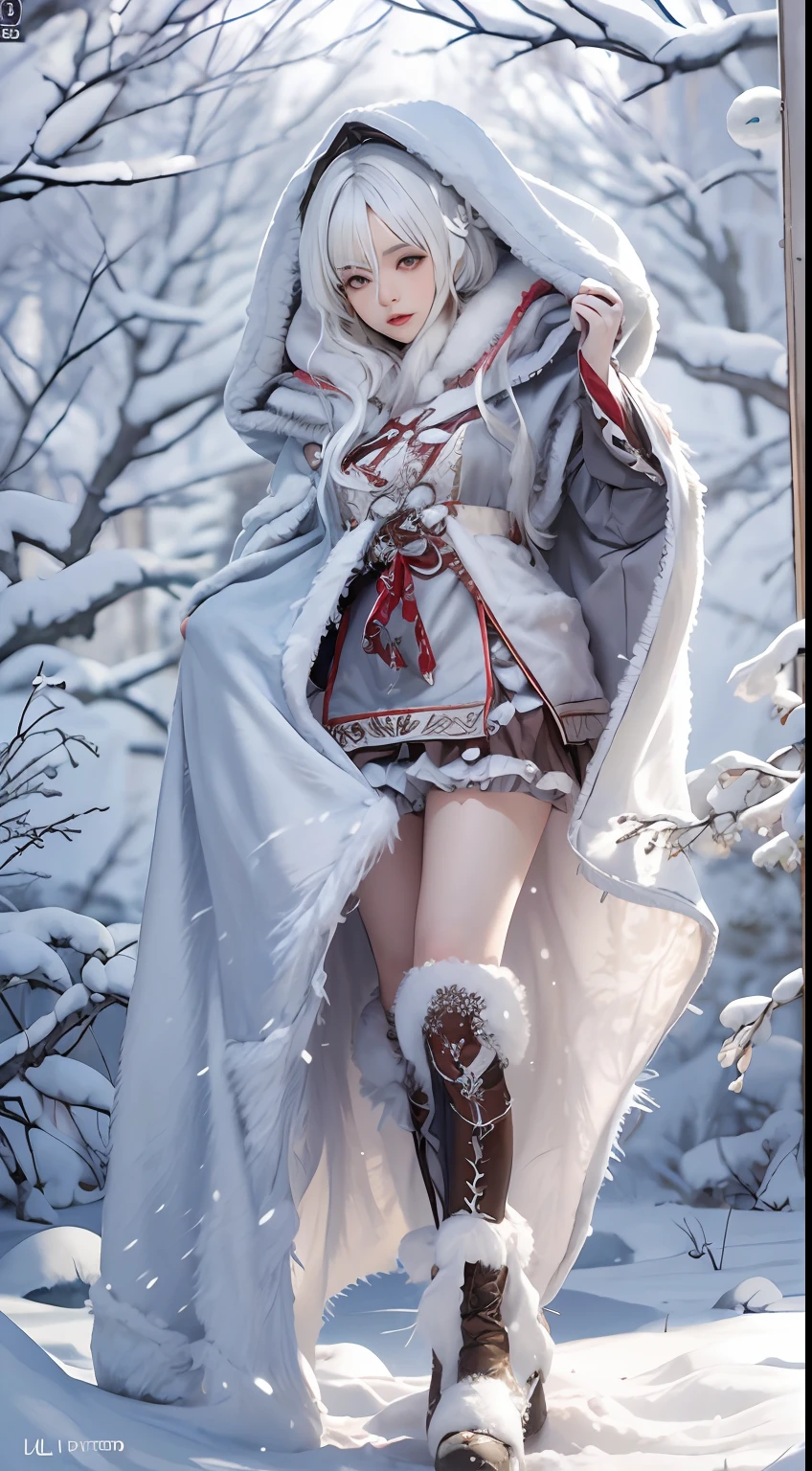 Photorealistic, high resolution, 1 Women, Solo, Hips up,(ta costume), Beautiful eyes, White hair, ringed eyes, (outside,Oyuki,Cloak,Cover with snow),snowfield