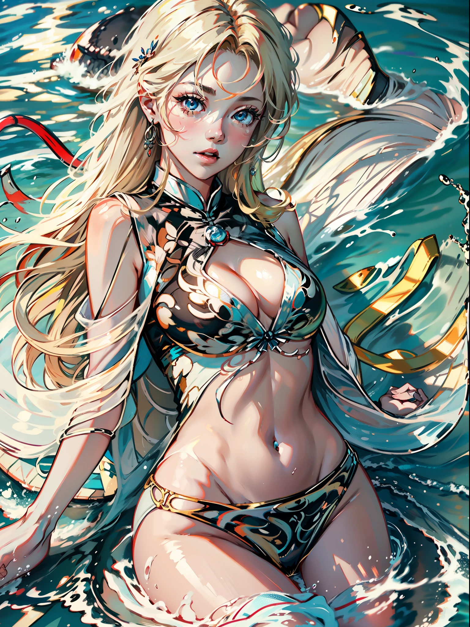 A blonde high school girl lies in the sea, The sea soaked her white cheongsam,Become clear and exposed,Big chest,legs long,Long hair and waist,pantyless,8K high-definition