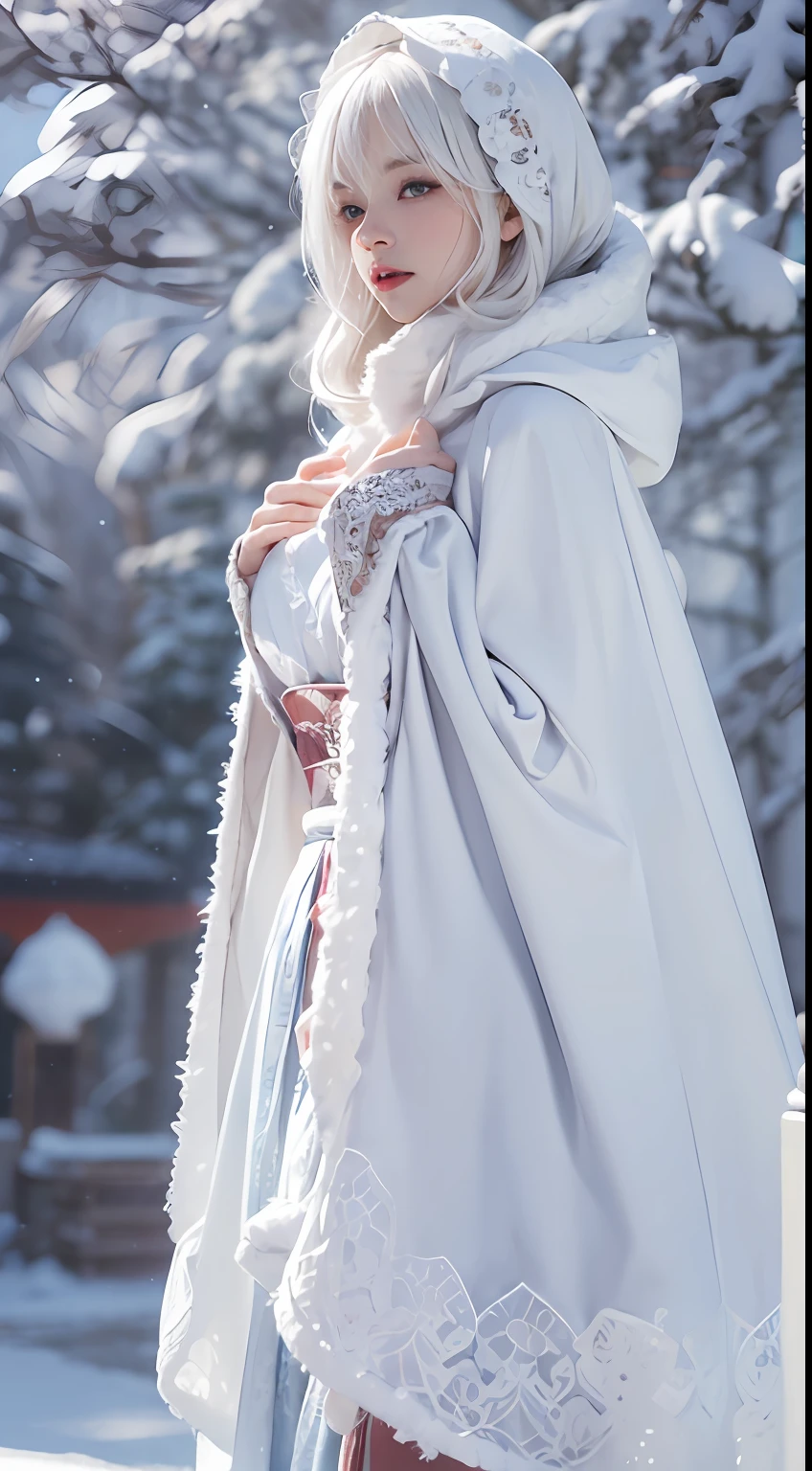 Photorealistic, high resolution, 1 Women, Solo, Hips up,(Lolita costume), Beautiful eyes, White hair, ringed eyes, (outside,Oyuki,Cloak,Cover with snow),snowfield