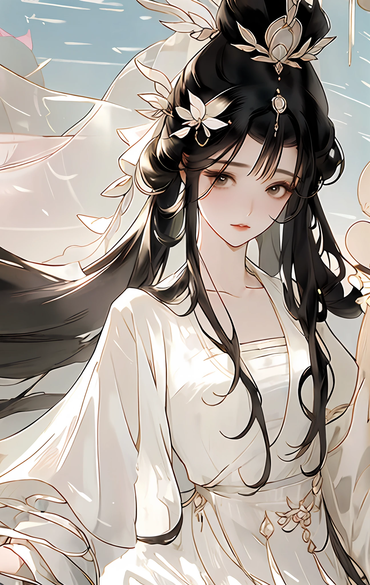 （Game fairy beautiful girl dressed in white），Flowing sleeves，watery big eyes，Beautiful face and smooth fair skin，s delicate face，Flowing black hair，An ancient Chinese beauty，wearing ancient Chinese costume，Flowing tulle，Light shades，Light color，（clean backdrop），Ink painting style，Clean colors，Decisive cut，A white space，unarmed，tmasterpiece， Ultra-delicate，Epic composition，high high quality，HighestQuali，4K