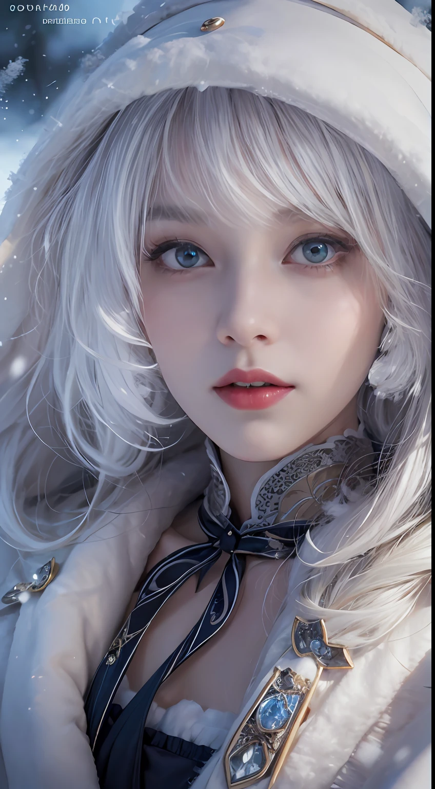 Photorealistic, high resolution, 1 Women, Solo, (****ta costume)，Face the audience， Beautiful eyes, White hair, ringed eyes, (outside，Oyuki，Cloak，Cover with snow)，snowfield