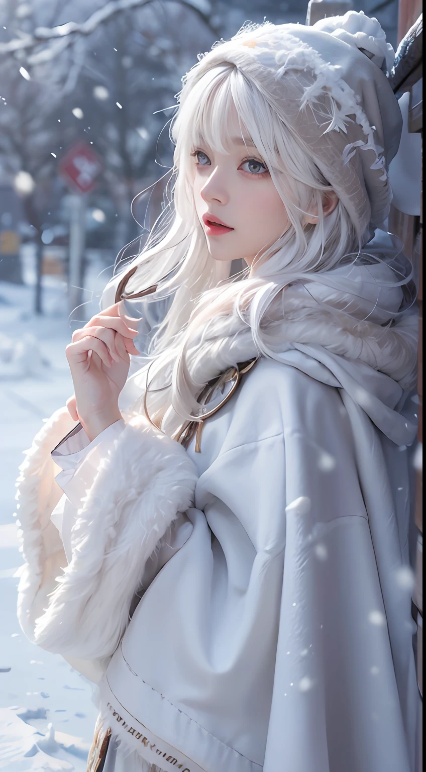 Photorealistic, high resolution, 1 Women, Solo, (Lolita costume)，Face the audience， Beautiful eyes, White hair, ringed eyes, (outside，Oyuki，Cloak，Cover with snow)，snowfield
