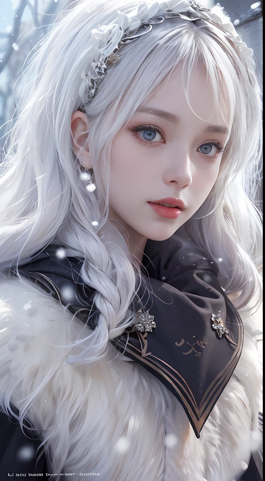 Photorealistic, high resolution, 1 Women, Solo, (Lolita costume)，Face the audience， Beautiful eyes, White hair, ringed eyes, (outside，Oyuki，Cloak，Cover with snow)，snowfield