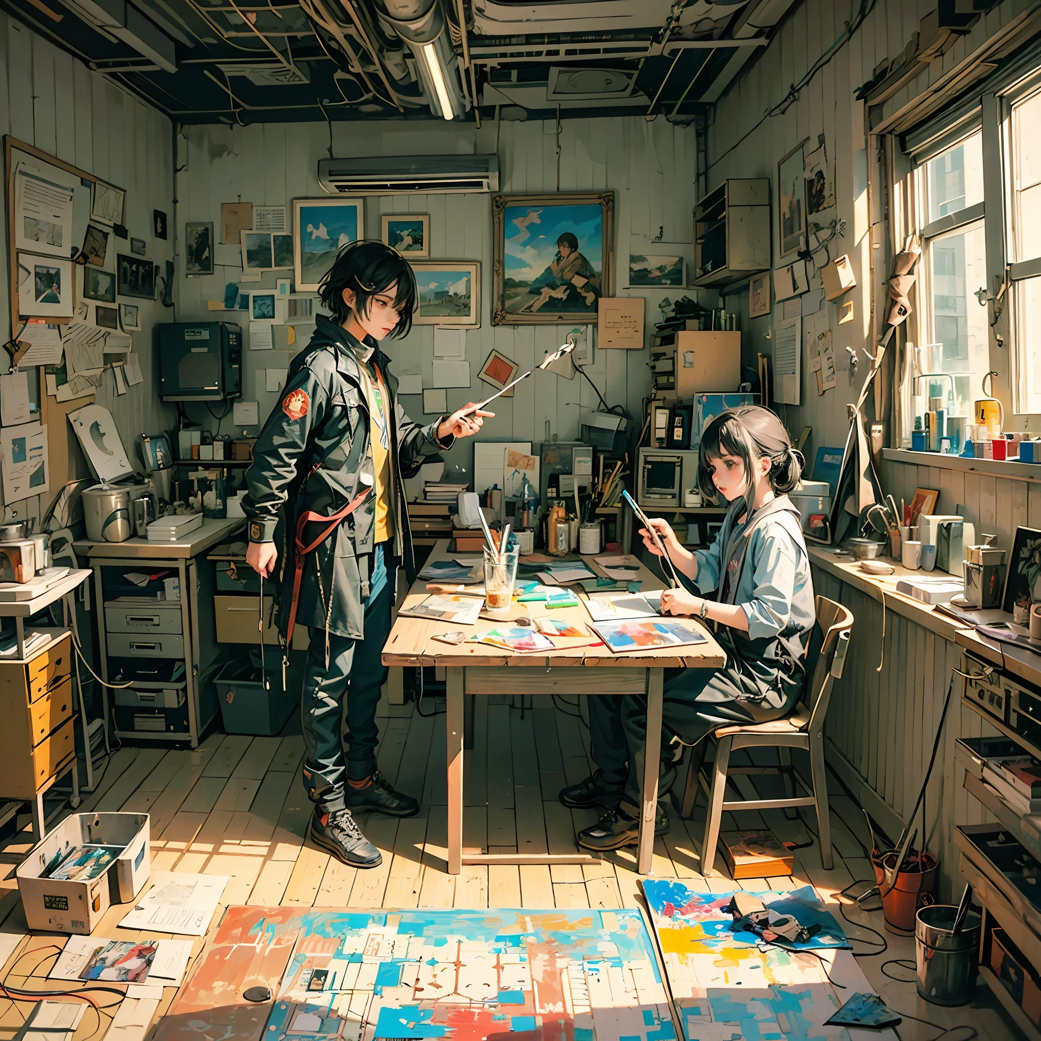 A painter anime boy painting in a small room, the room's wall are so colorful, the wall is covered with paints, there is a canvas in the middle of the room --auto --s2