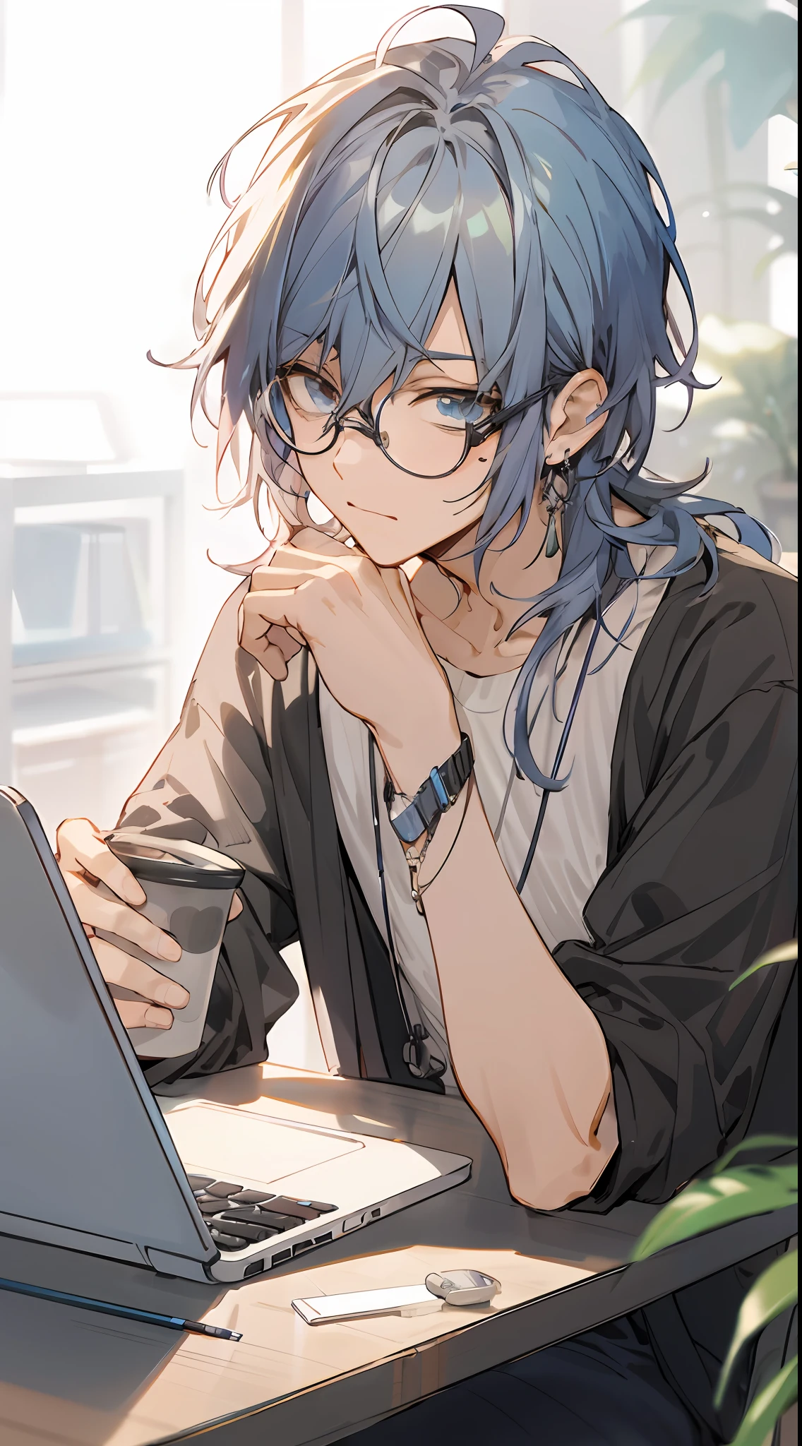 Anime - image of a man with blue hair and glasses sitting at a laptop desk, 2 d anime style, young anime man, inspired by Okumura Togyu, 2 D Anime, with index finger, !!Wearing glasses!!, Handsome Anime Pose, digital anime illustration, Anime Boy