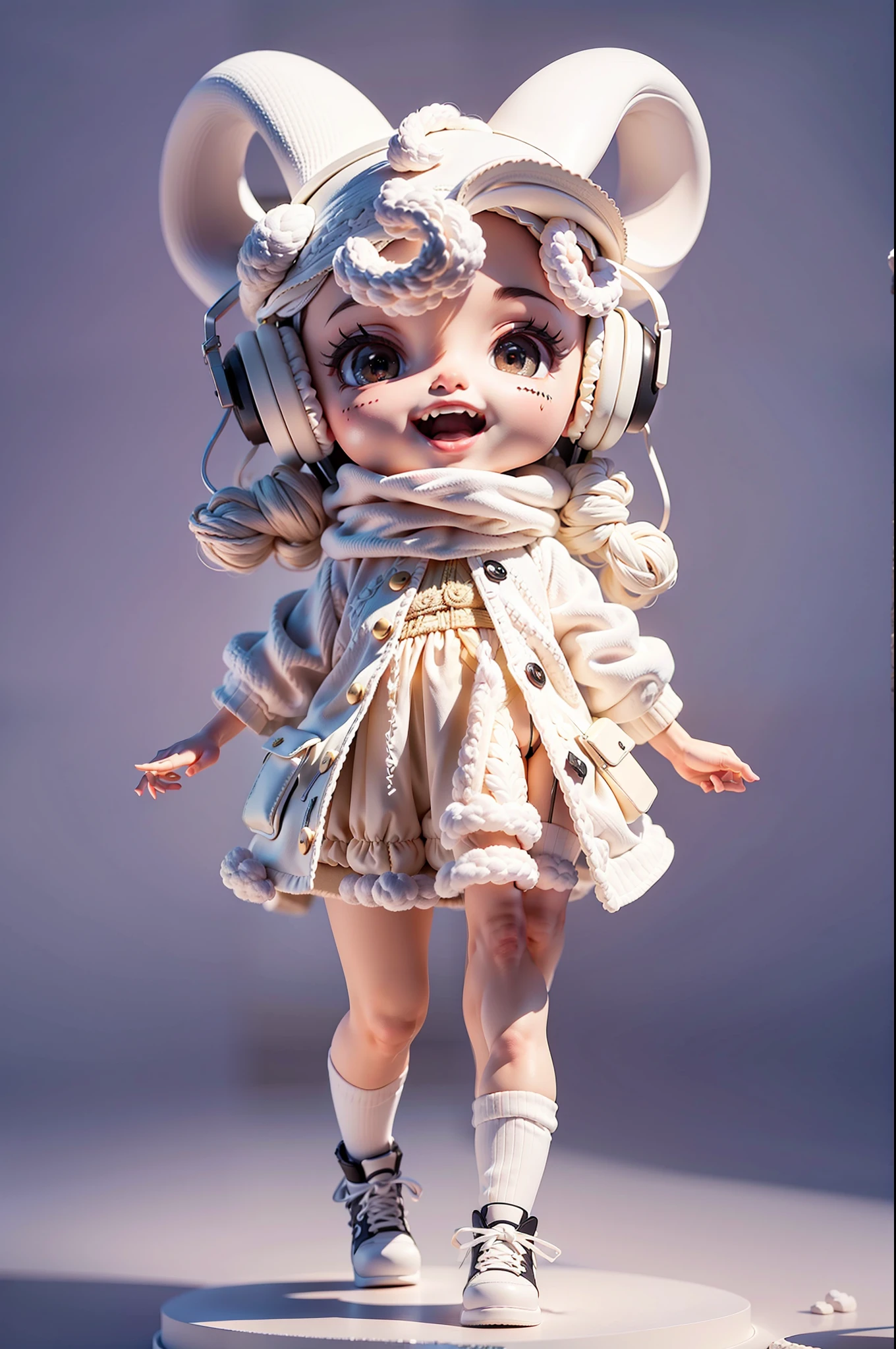 (Masterpiece), (Excellent), (Ultra Detailed), (Full Body: 1.2), (Solo Body), White Theme, Sheep Magician, Cute, Open Mouth, Smile, Headphones, Wool Texture, Popmart Blind Box, Clay Texture, Stepping on Earth, Black and White Background, Natural Light, Best Quality, Ultra Detail, 3D Art, C4D, OC Renderer, 3D Rendering, 8K