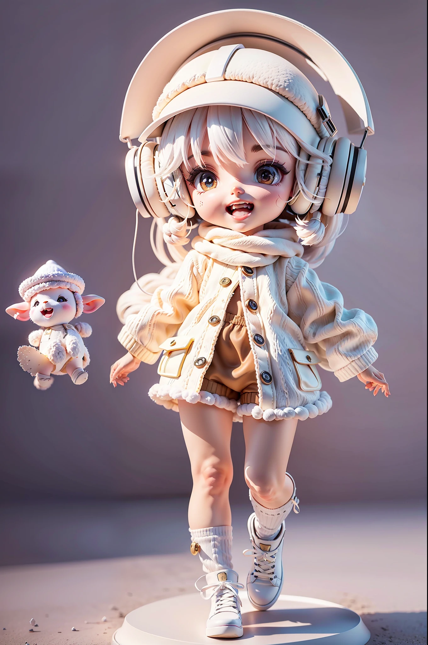 (Masterpiece), (Excellent), (Ultra Detailed), (Full Body: 1.2), (Solo Body), White Theme, Sheep Magician, Cute, Open Mouth, Smile, Headphones, Wool Texture, Popmart Blind Box, Clay Texture, Stepping on Earth, Black and White Background, Natural Light, Best Quality, Ultra Detail, 3D Art, C4D, OC Renderer, 3D Rendering, 8K