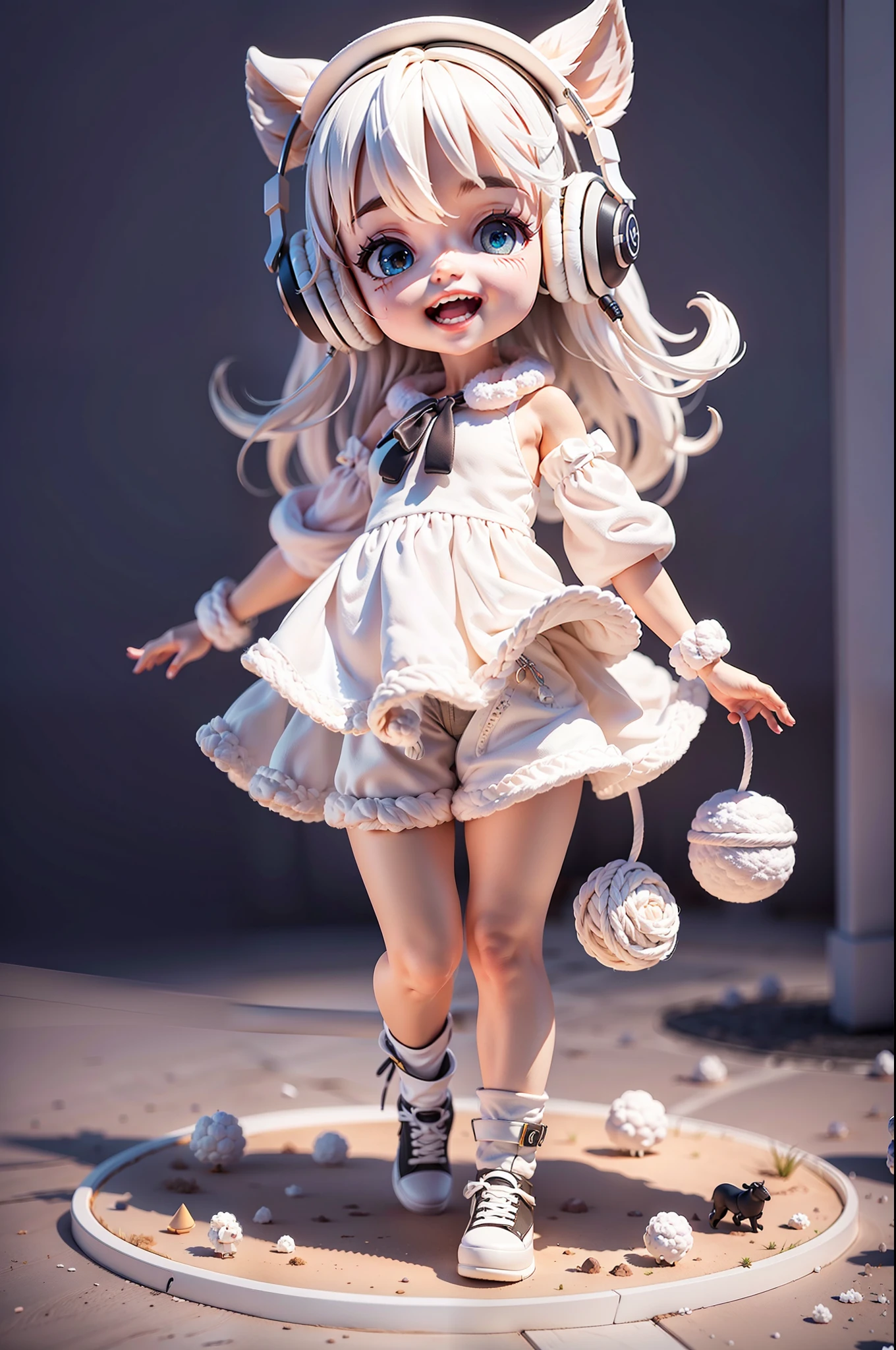 (Masterpiece), (Excellent), (Ultra Detailed), (Full Body: 1.2), (Solo Body), White Theme, Sheep Magician, Cute, Open Mouth, Smile, Headphones, Wool Texture, Popmart Blind Box, Clay Texture, Stepping on Earth, Black and White Background, Natural Light, Best Quality, Ultra Detail, 3D Art, C4D, OC Renderer, 3D Rendering, 8K