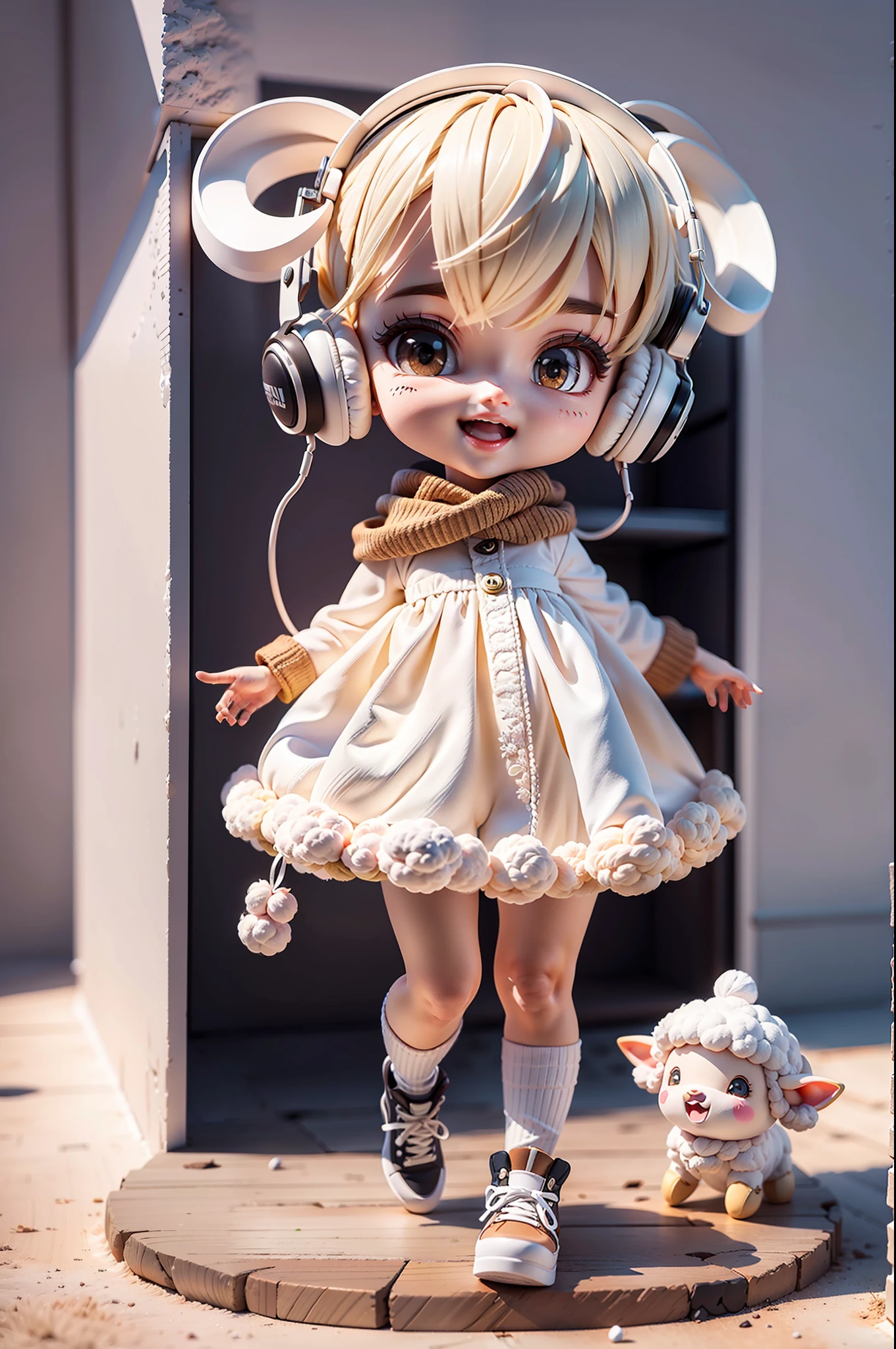 (Masterpiece), (Excellent), (Ultra Detailed), (Full Body: 1.2), (Solo Body), White Theme, Sheep Magician, Cute, Open Mouth, Smile, Headphones, Wool Texture, Popmart Blind Box, Clay Texture, Stepping on Earth, Black and White Background, Natural Light, Best Quality, Ultra Detail, 3D Art, C4D, OC Renderer, 3D Rendering, 8K