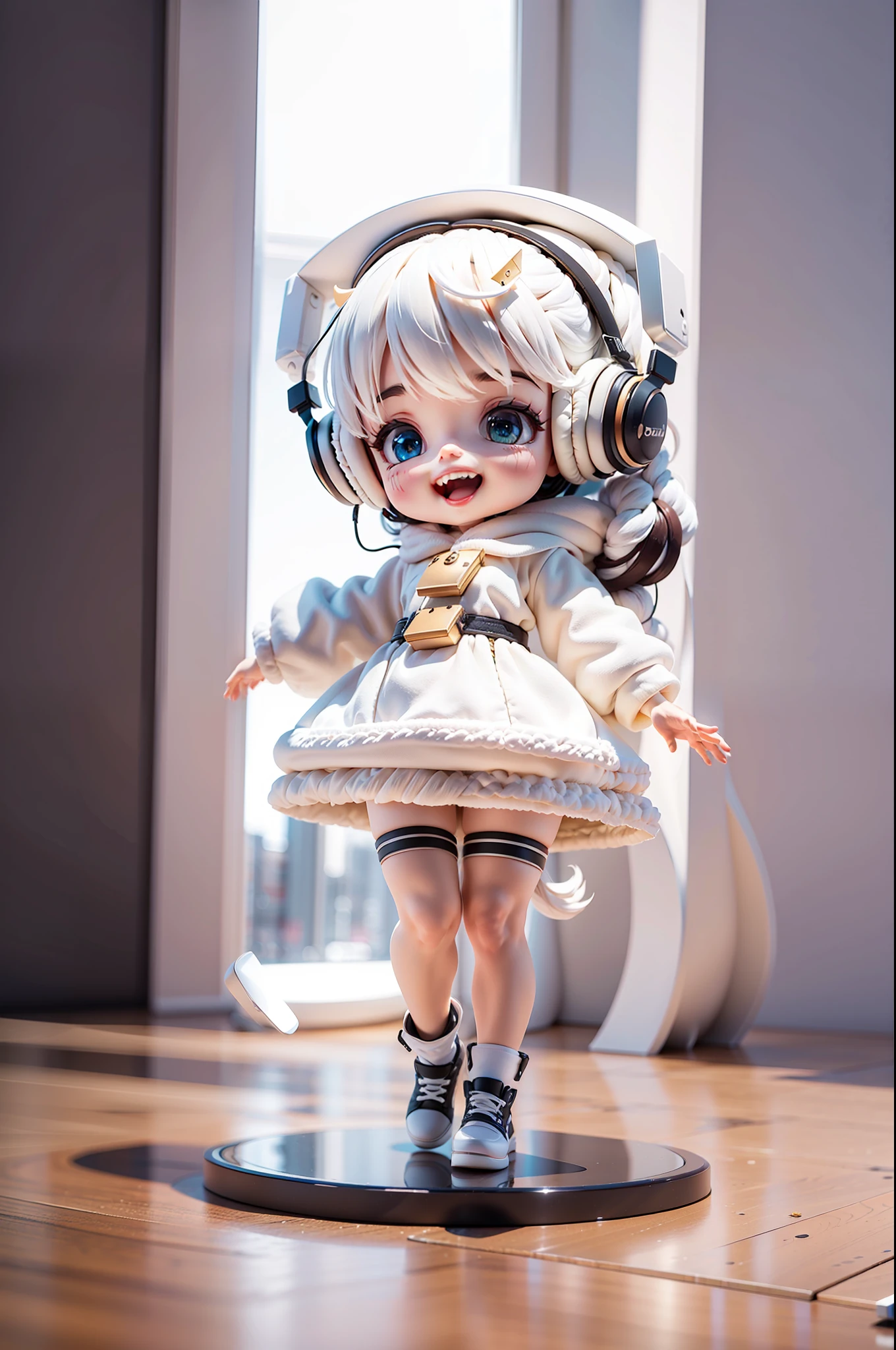 (Masterpiece), (Excellent), (Ultra Detailed), (Full Body: 1.2), (Solo Body), White Theme, Sheep Magician, Cute, Open Mouth, Smile, Headphones, Wool Texture, Popmart Blind Box, Clay Texture, Stepping on Earth, Black and White Background, Natural Light, Best Quality, Ultra Detail, 3D Art, C4D, OC Renderer, 3D Rendering, 8K