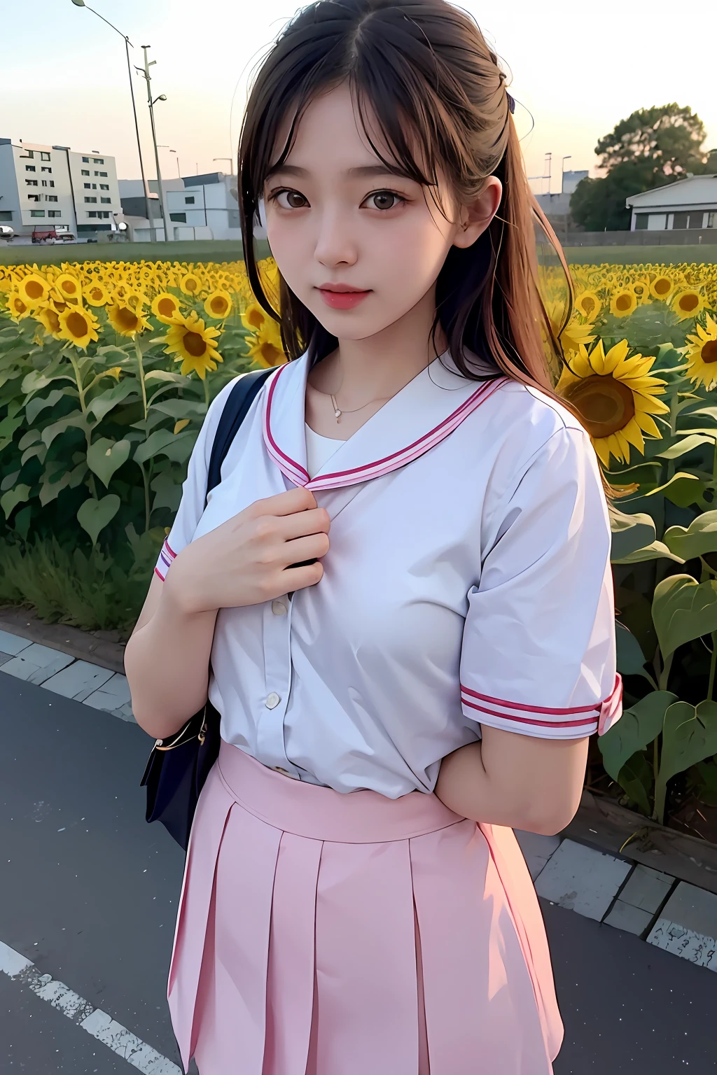 1girl、Streets of Tokyo、natta、A city scape、city light、The upper part of the body、a closeup、8k、RAW Photography、top-quality、masterpiece、realisitic、Photorealsitic、high-level image quality。Beautiful morning sun overlooking the sunflower field、Smiling 18 year old standing there、The image of two Japan high school girls shines。She wears a pale pink sailor suit.、Short skirt swaying in the wind。