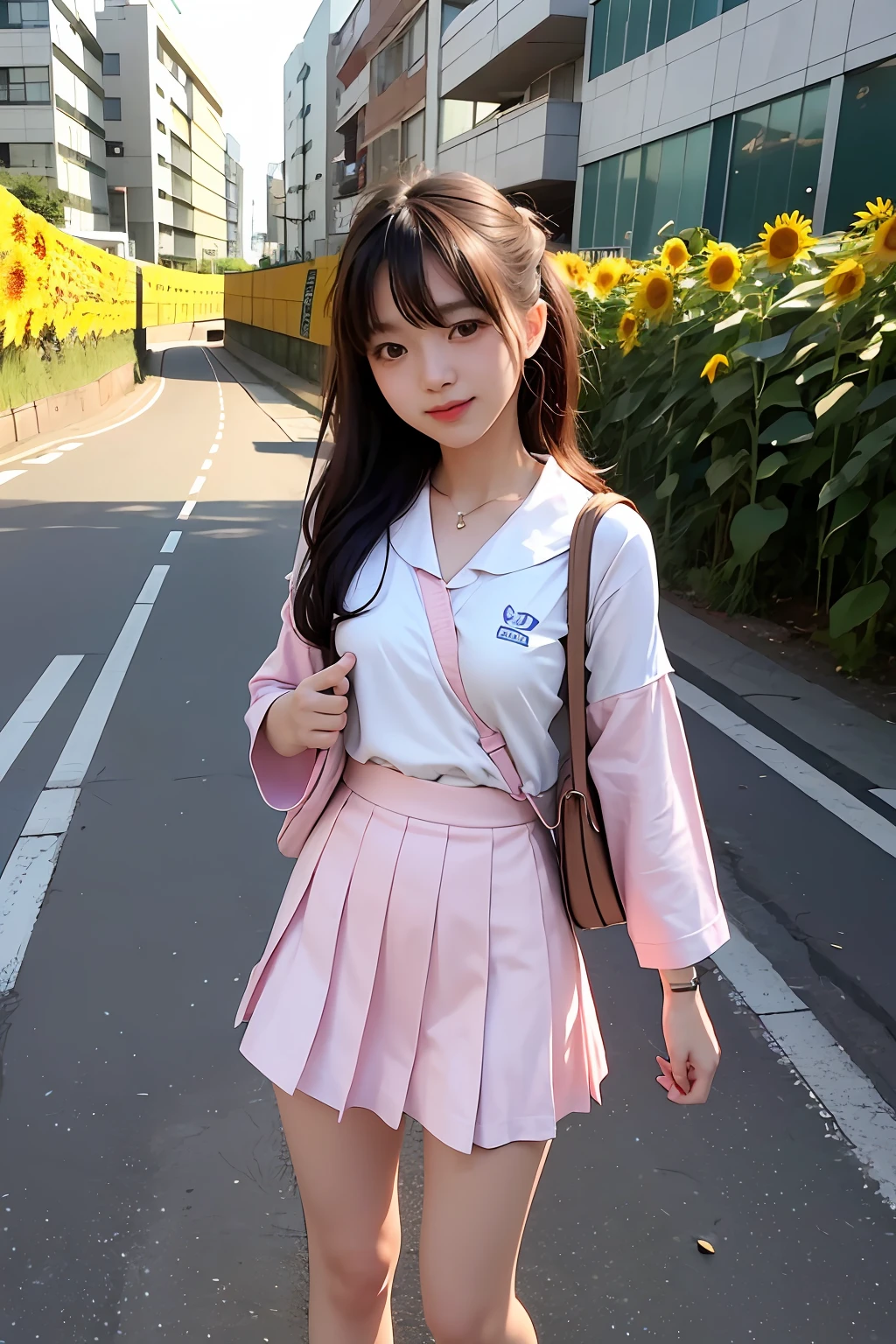 1girl、Streets of Tokyo、natta、A city scape、city light、The upper part of the body、a closeup、8k、RAW Photography、top-quality、masterpiece、realisitic、Photorealsitic、high-level image quality。Beautiful morning sun overlooking the sunflower field、Smiling 18 year old standing there、The image of two Japan high school girls shines。She wears a pale pink sailor suit.、Short skirt swaying in the wind。