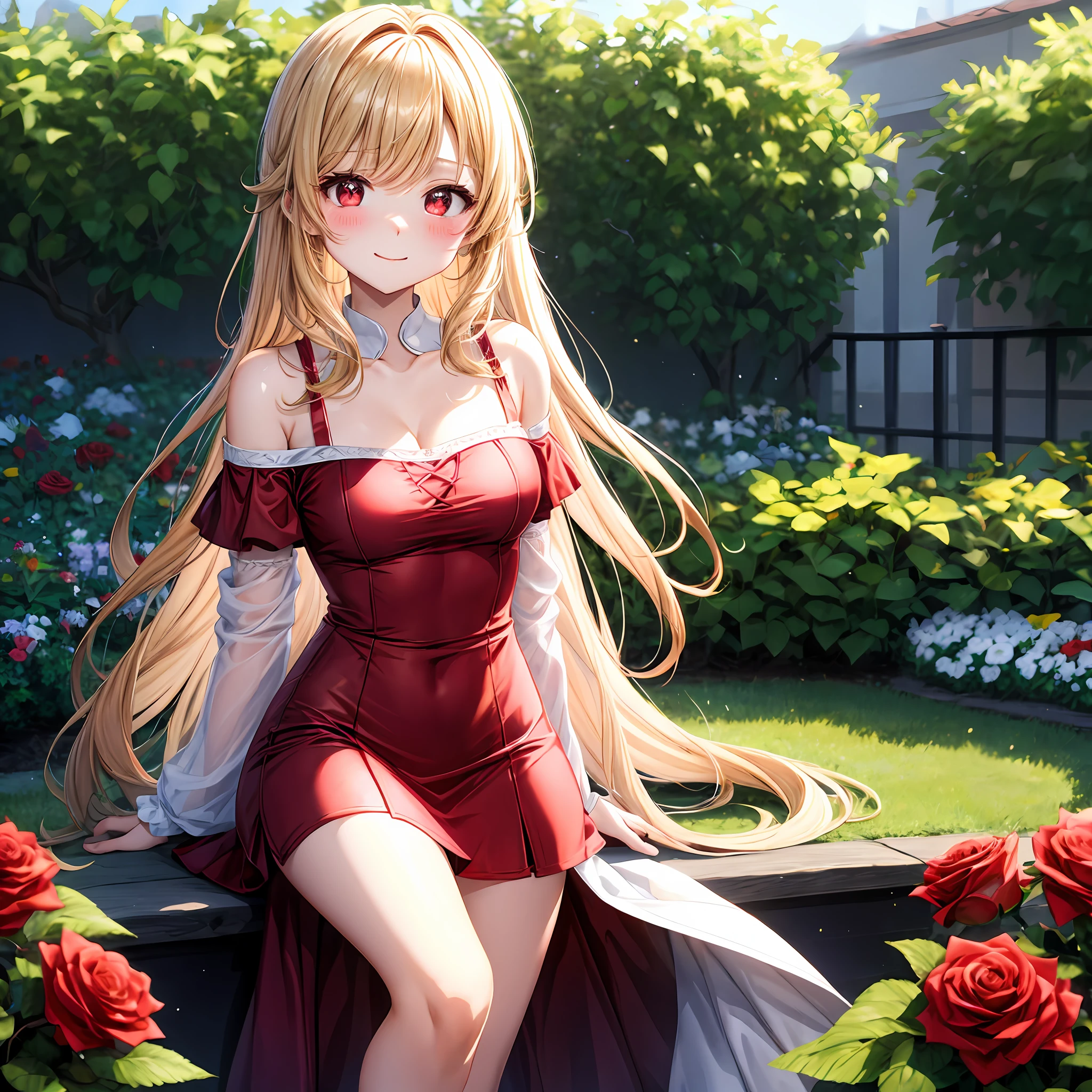 red blush、Wavy blonde hair、red eyes、Beautiful girl alone、animesque、独奏、Bright red dress、off shoulders、a miniskirt、A sexy、rose garden、lonely、