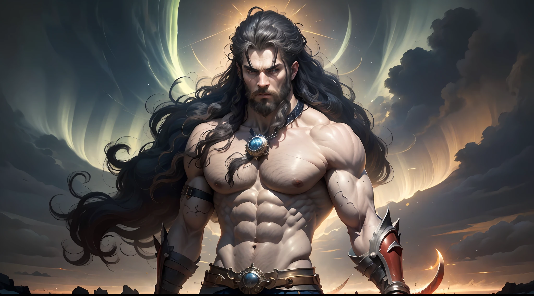((Best Quality)), ((Masterpiece)), (Detailed), image of Hades the Greek, (mythology: 1.2), (Majestic appearance: 1.1), loose beard and hair, muscular physique, Wearing a trident (The Realm of the Underworld: 1.1), (A powerful creature: 1.2), (Divine aura: 1.1), (domineering look: 1.1), 8K разрешение Viking, rocker, Rockstar, Cool, glare, radiance, spectrum, titanium, titanium, warrior, samurai, Strong WILL, Mighty strength, Energy, zipper, Salute, northern lights