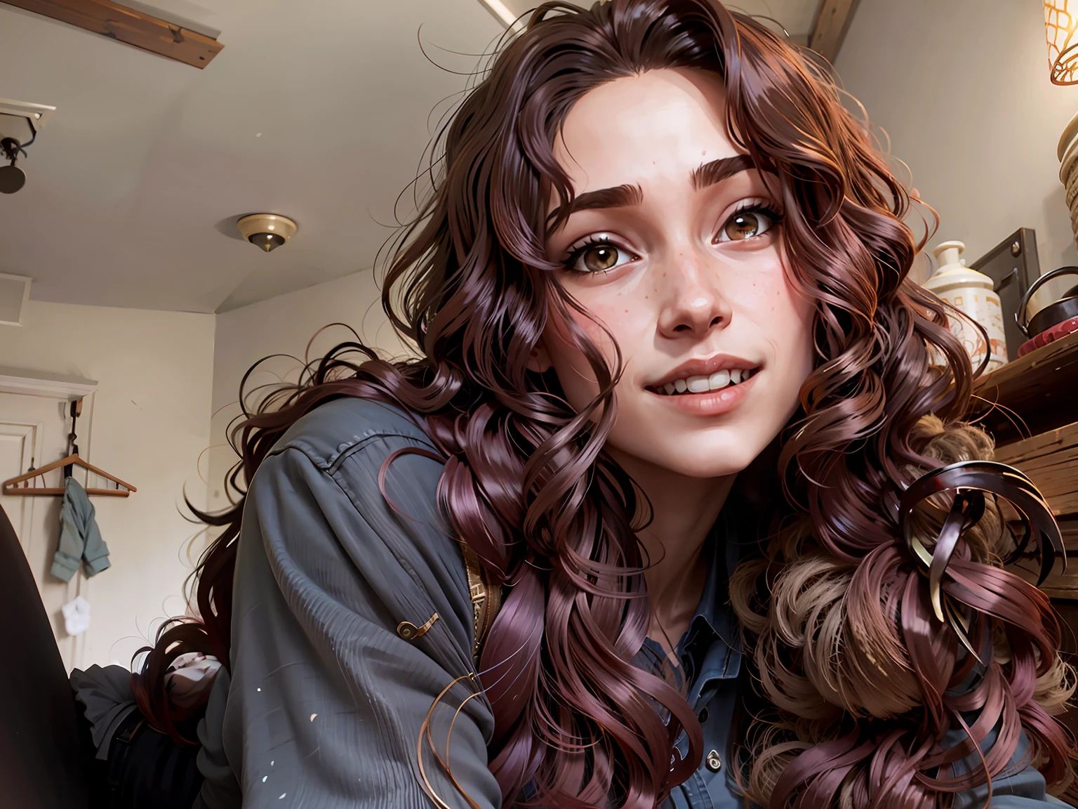 a hyper-realistic portrait of a young woman, smiling, inside a forest, in the middle of nature, 22 years old, realistic, (lying on her side), sexy, (huge breasts 2:1), short brown hair, (hair tied with bows), curved, SFW