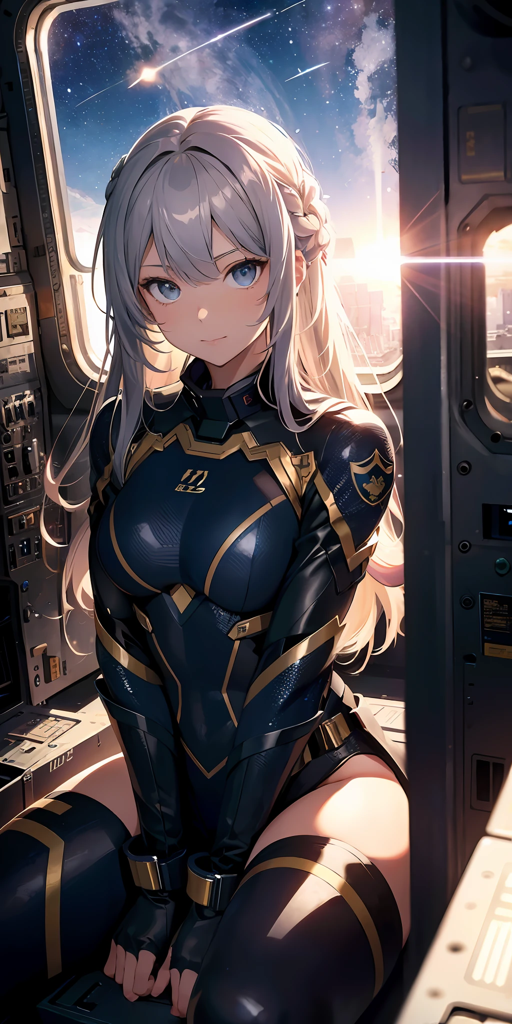 Cosmic battlefield, A high resolution, (巨作:1.4), A highly detailed, 1girll, From the observation deck,Perspective inside the warplane, Sitting inside the warplane, In battle, Gladiator suit, Sharp focus, (Cinematic lighting), (1girll), Slight smile，