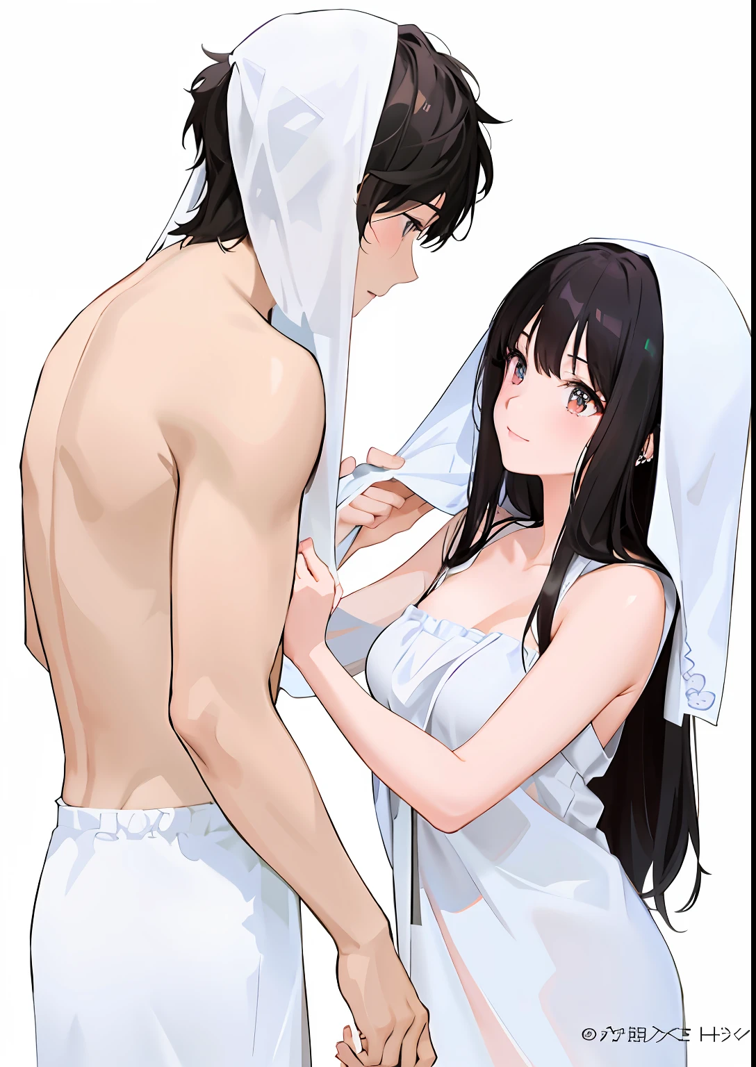 Anime couple standing together in white robes, touching her clothes, oppai, flowing white robe, wearing long white togas, wearing white robes with, Best Rated on pixiv, Wearing a white robe, wearing white clothes, Realistic!!, wearing white robes with!,  anime girls, Smooth anime CG art, shoujo romance, High-quality fanart