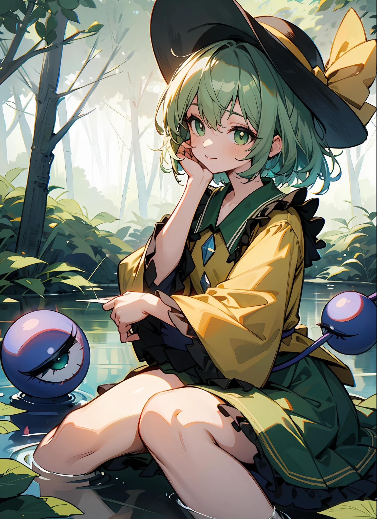 masterpiece, top-quality, (bestquality), official art, beautiful and beautiful,
1girls, Highlighting detailed faces, bara, Komeji Koishi, headgear, skirts, Third eye, shirt, yellow shirt, wide sleeves, long sleeve, looking at the audience, frills, green eyes, green skirt, floral print, Crimp sleeve, floral, black headwear, a green hair, ribbons, Ribbon Cap, Pleated collars, Bow hat, bright pupils, bow, hair between the eyes, bangs, Yellow bow, Yellow Ribbon, medium hair, smile, sitting by the stream, feet in the water, clear water, beautiful water detail, cowboy shot, Very detail,maximum detail, optical mixing, lively texture, unique visual effect, best light , (illustration), (shining), Very detailed hands, forest background