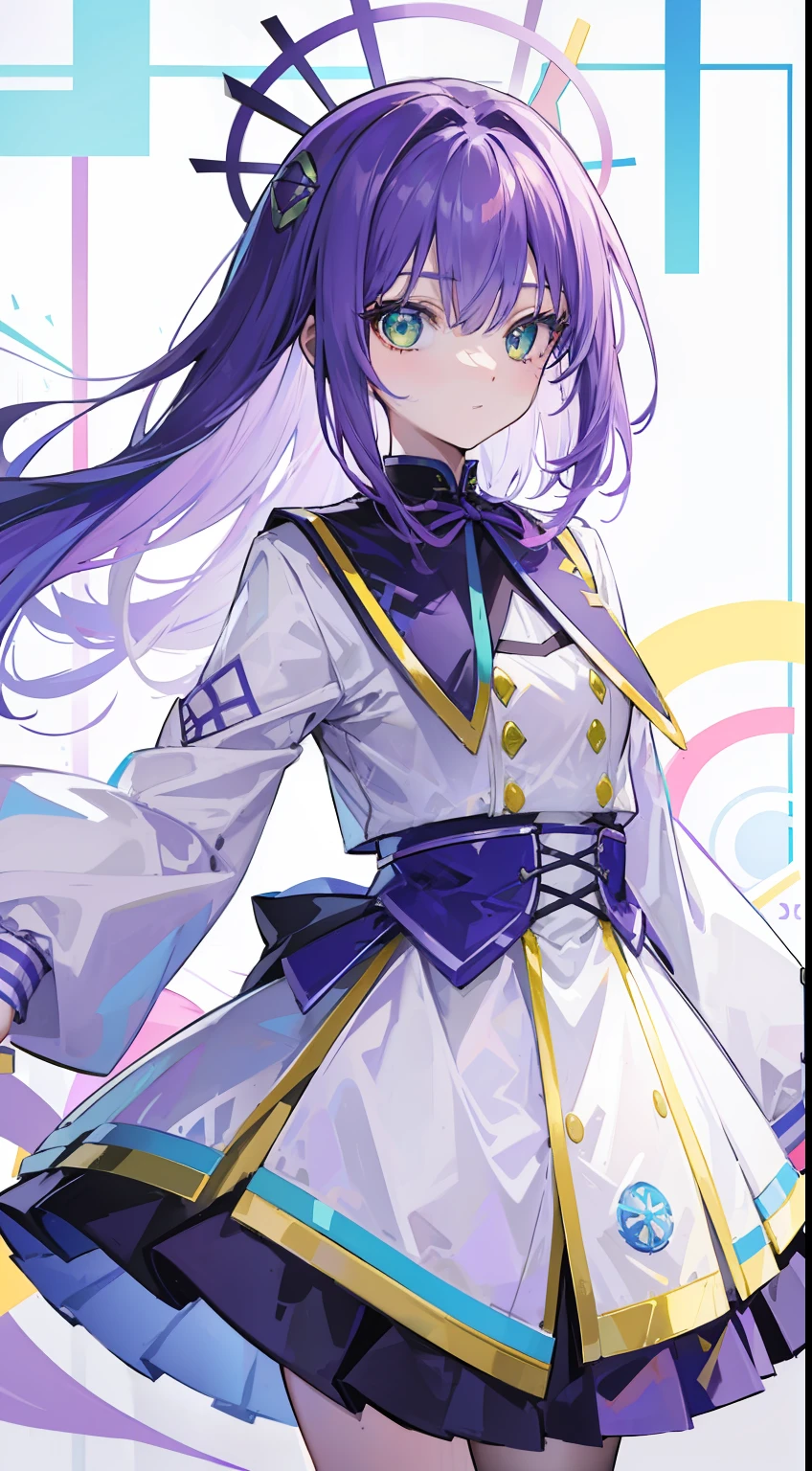 校服、blazers、One girl、Purple hair、long、Light blue mesh、yellow-green eyes、masterpiece、top-quality、Top image quality、cute little、Geometric pattern background、Beautiful fece