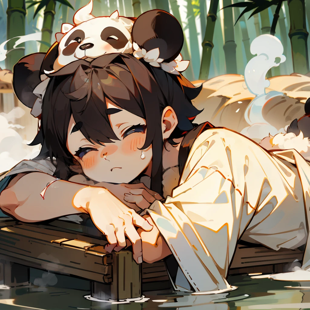 A cute baby panda,Lie on your stomach in the hot springs,A rag on his head,Still steaming,Behind the hot springs is a bamboo forest,