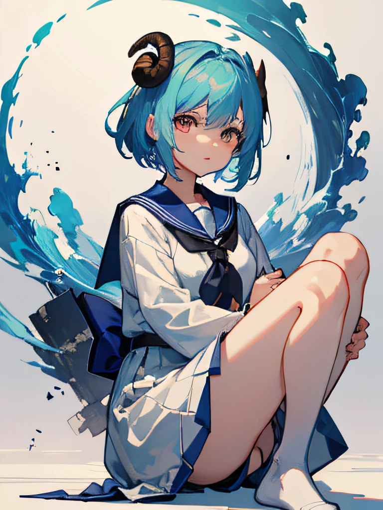 ((masterpiece、top-quality)、(1人)、(独奏)、(female focus)White background、Ruins、One Litntimental、full-body view、white clothes、a sailor suit、lightblue hair、Wave Shorthair、bare-legged、Sheep's Horn、profetional lighting